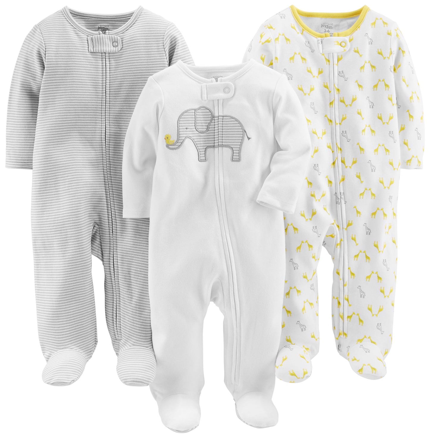 Simple Joys By Carter'S Baby 3-Pack Neutral Sleep And Play, Light Grey Mini Stripe/White Elephant/Giraffe, Preemie