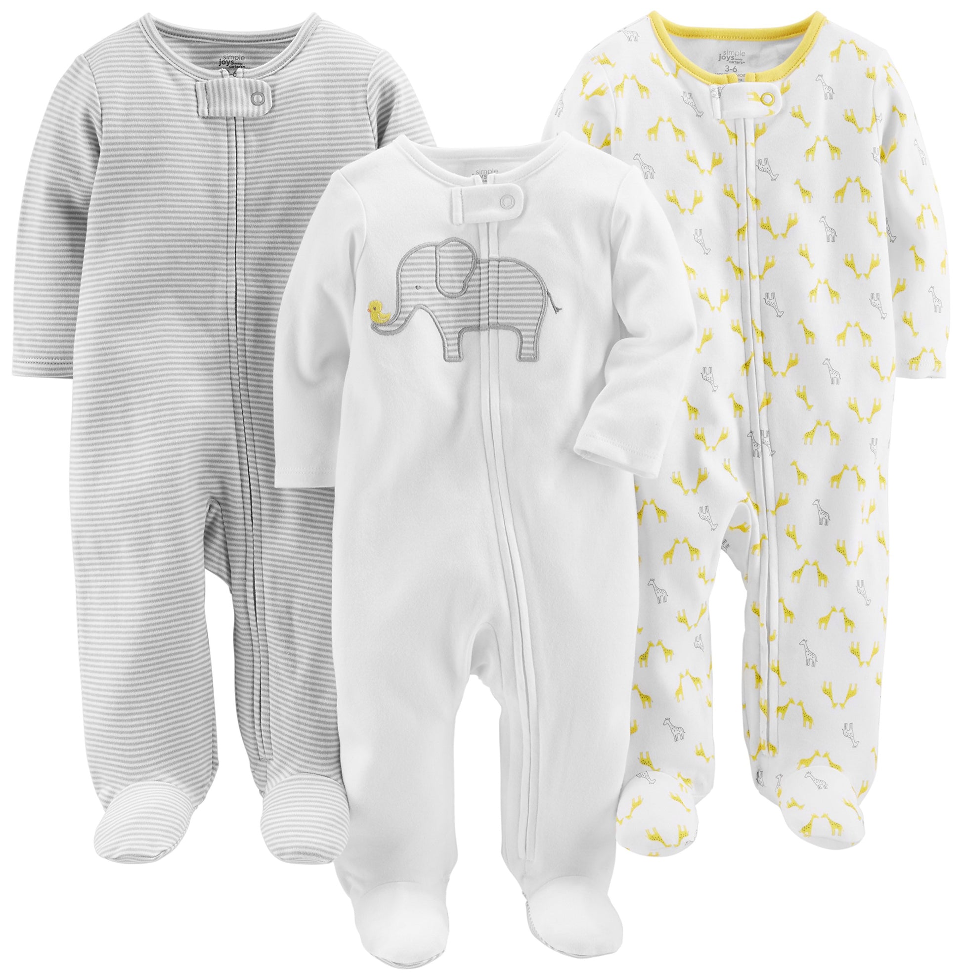 Simple Joys By Carter'S Baby 3-Pack Neutral Sleep And Play, Light Grey Mini Stripe/White Elephant/Giraffe, Preemie