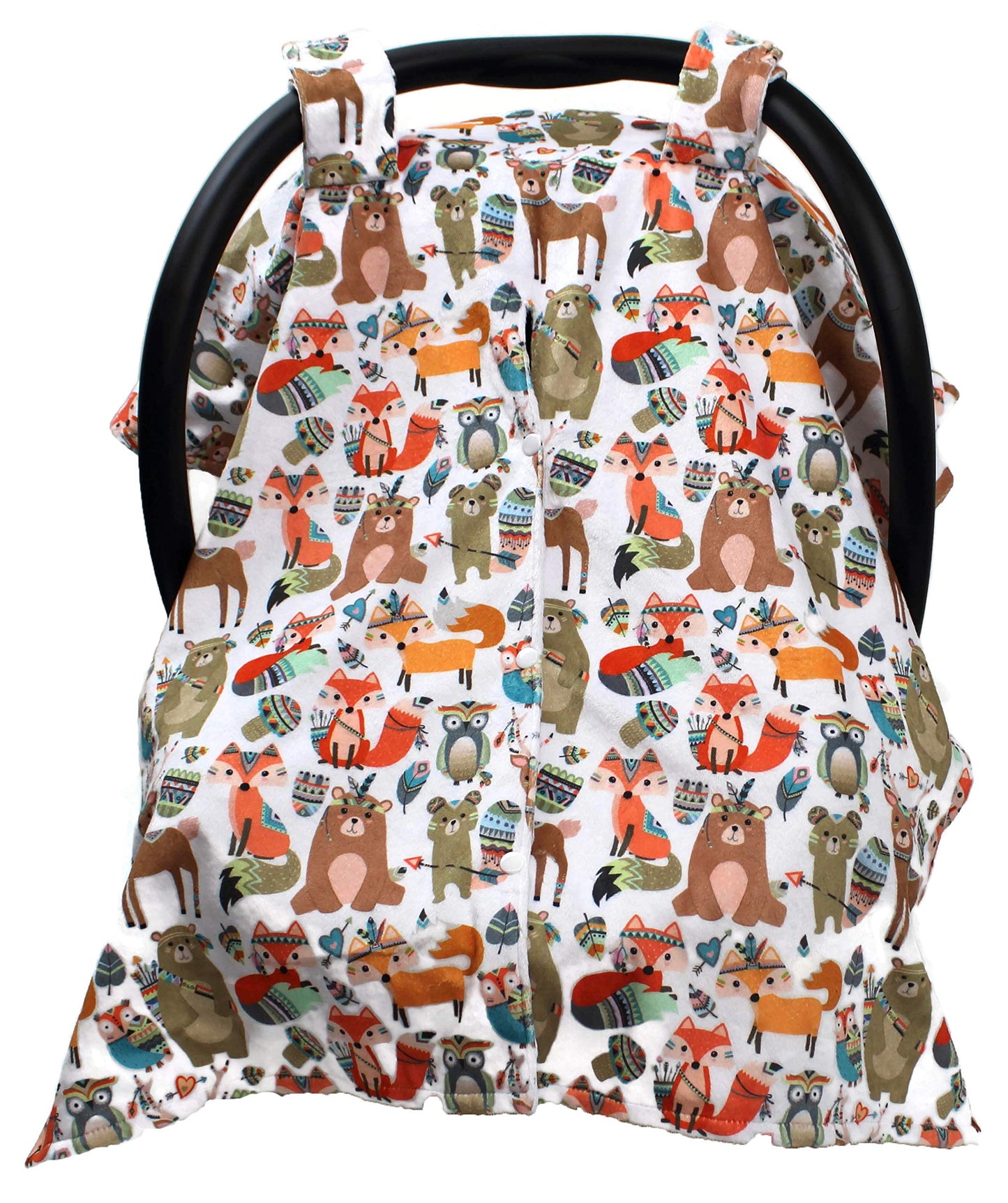 Dear Baby Gear Deluxe Baby Car Seat Canopy Cover, Tribal Woodland Forest Animals, Dot, White