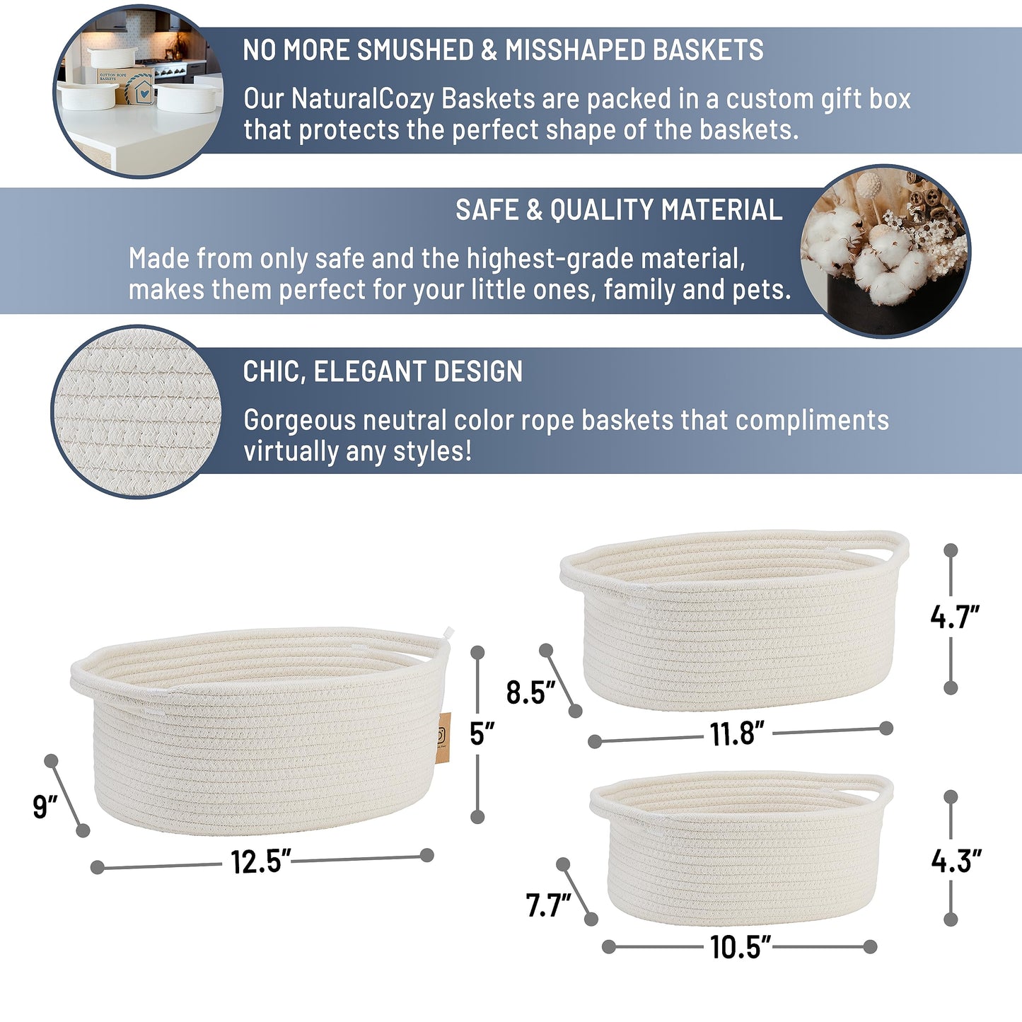 Naturalcozy 3-Piece Oval Storage Basket Set- Natural Woven Gift Basket Empty, Soft Baby Basket For Nursery, Cat Dog Toy Baskets,