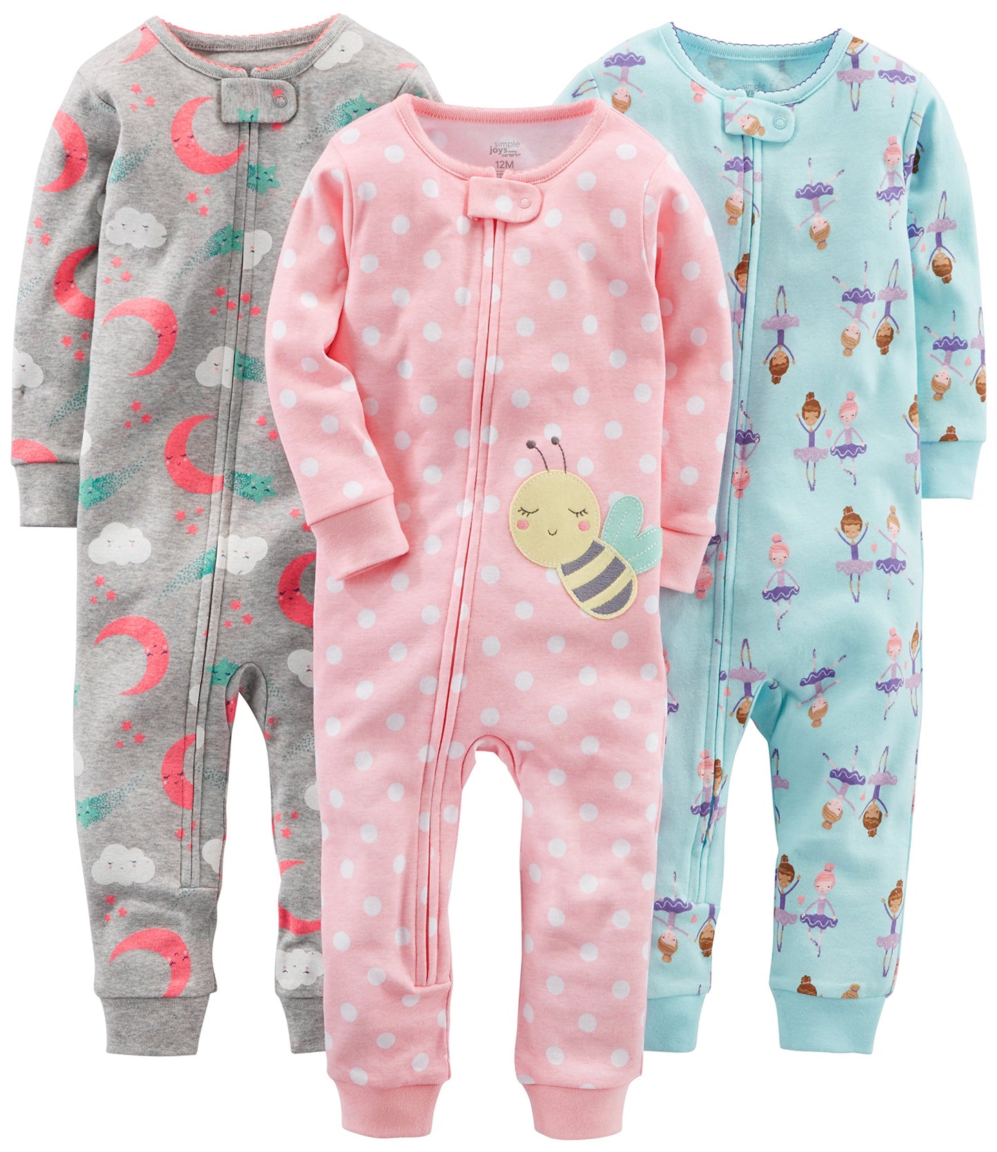 Simple Joys by Carters Toddler Girls 3-pack Snug-fit Footless Cotton Pajamas, Ballerina/Moon/Bee, 2T