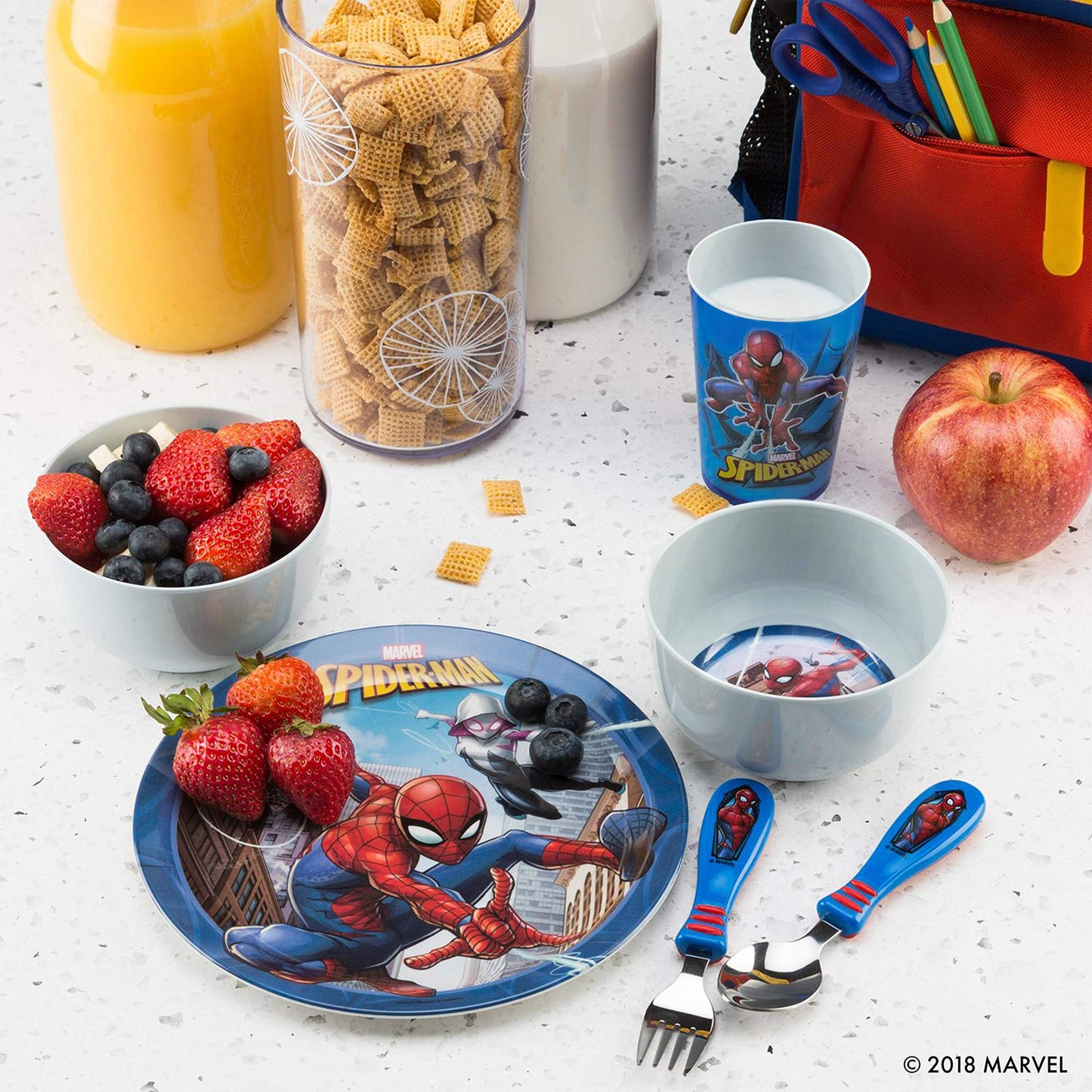 Zak! Marvel Spider-Man - 5-Piece Dinnerware Set - Durable Plastic & Stainless Steel - Includes Tumbler, 8-Inch Plate, 6-Inch Bow