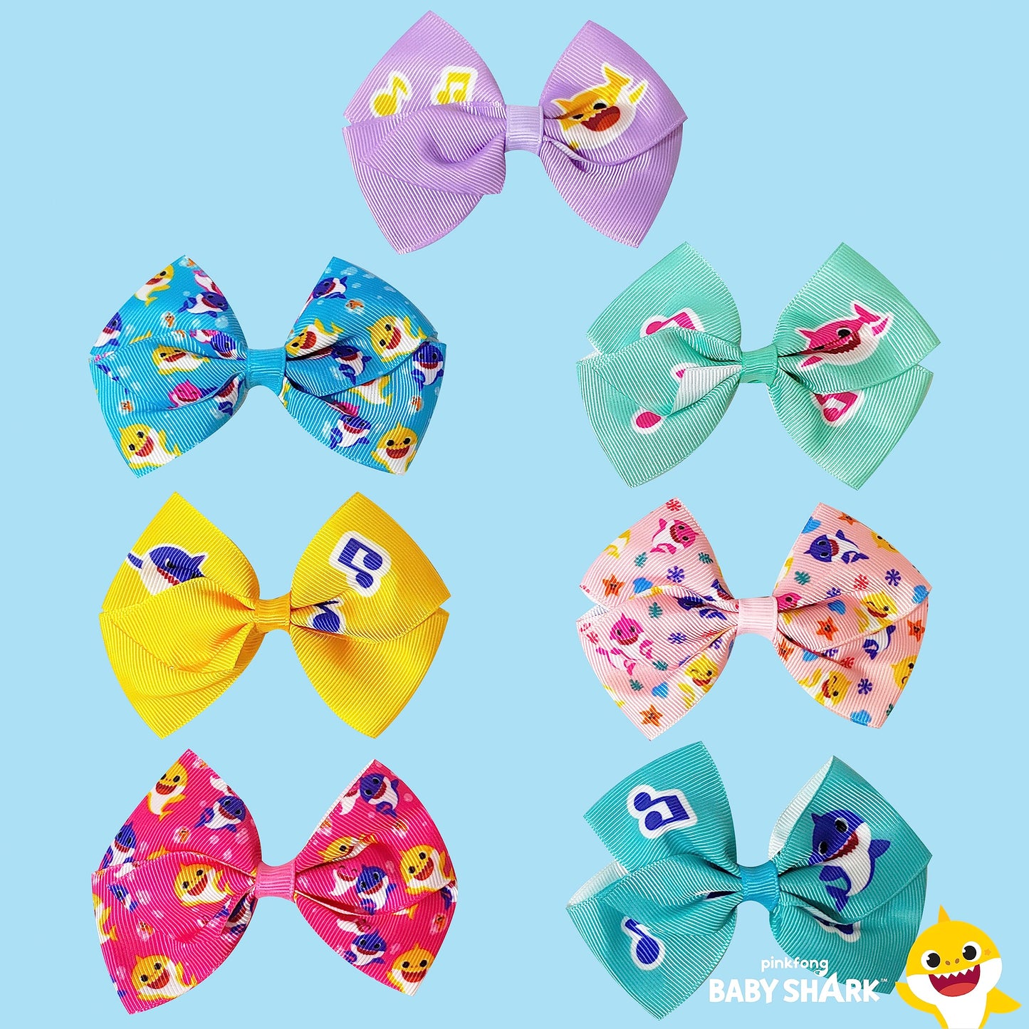 Baby Shark Hair Bows - Hair Accessories Gift Set - Kids Hair Bows - 7 Pcs 4 Inch Bundle - Hair Bows For Girls - Different Charac