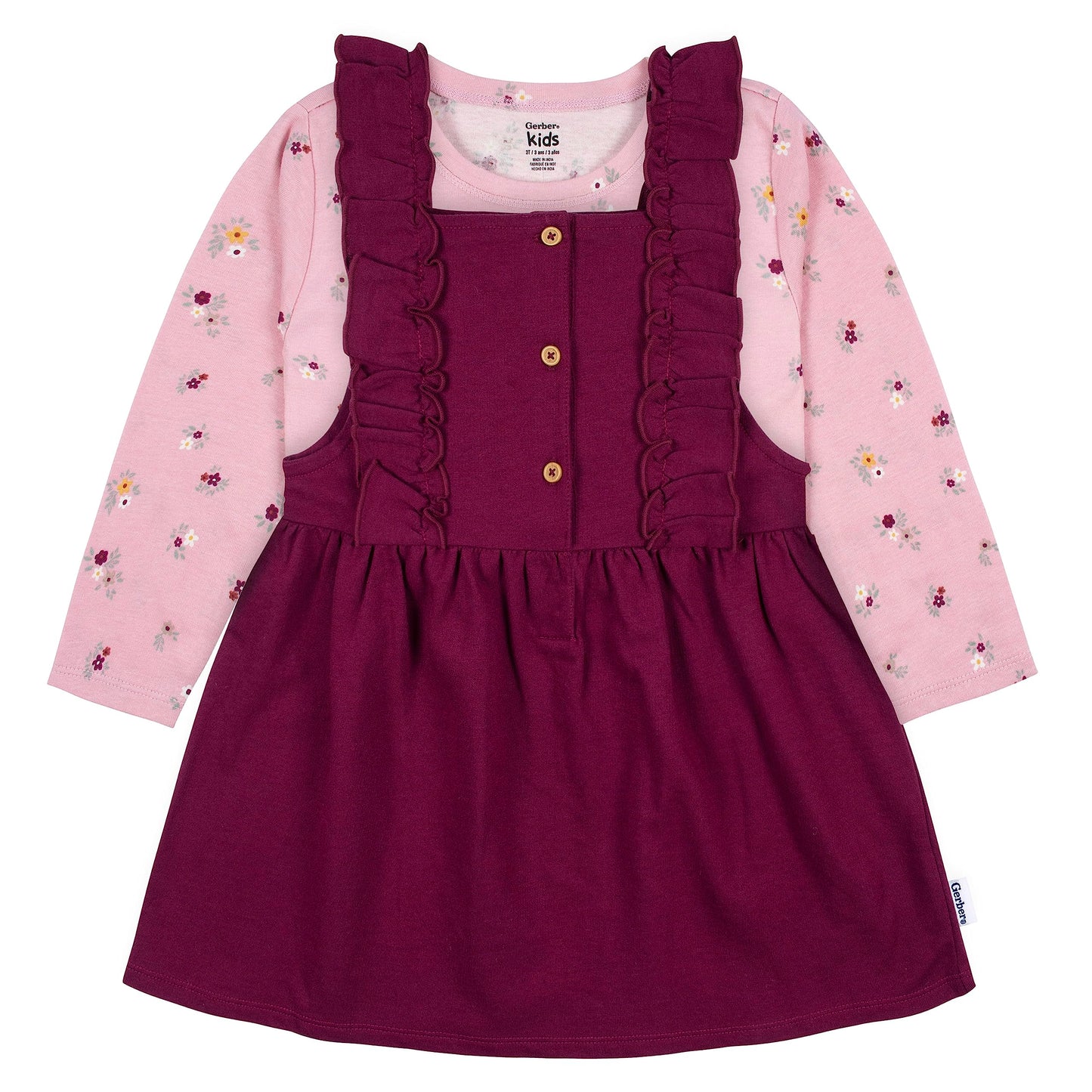 Gerber Baby Girls Toddler 2 Piece Overall Dress Set, Purple Floral, 2T