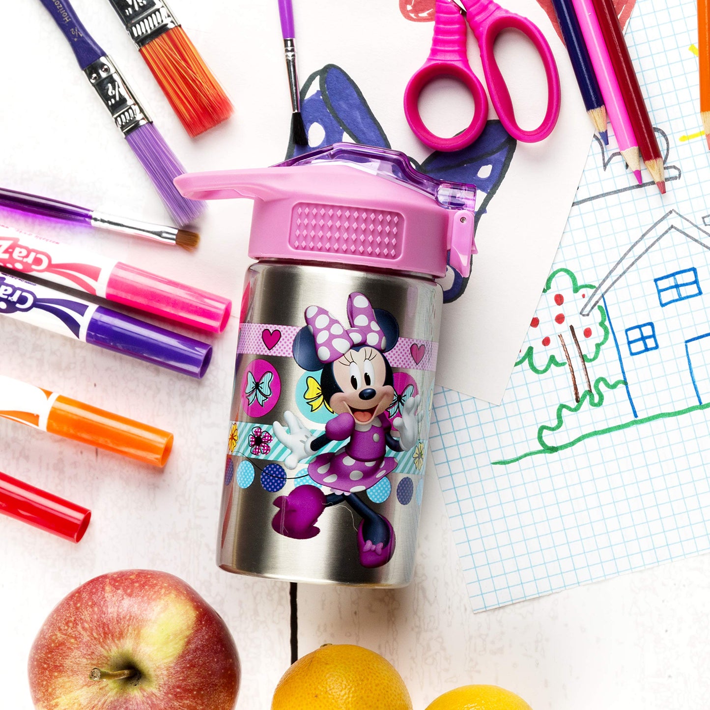 Zak Designs Disney Minnies Happy Helpers - Stainless Steel Water Bottle With One Hand Operation Action Lid And Built-In Carrying