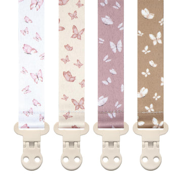 Baby Pacifier Clip Holder - Girl 4 Pack Gift Set - Retro Checker Smiley Flowers Floral Pink Beige Yellow
