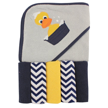 Luvable Friends Unisex Baby Hooded Towel With Five Washcloths,Cotton,Polyester, Duck, One Size