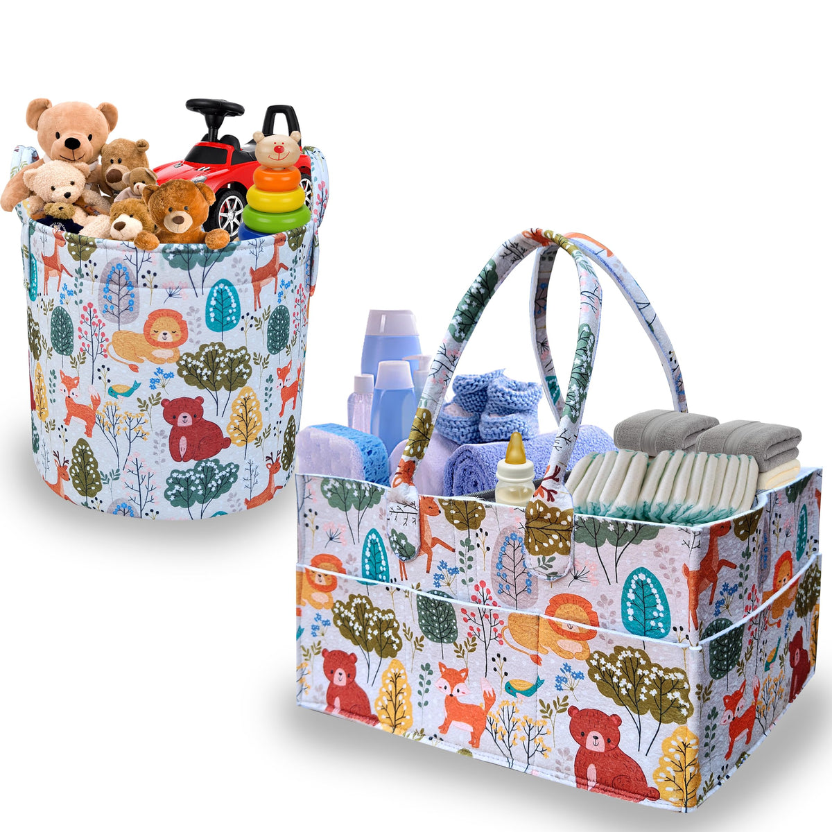 GREEN DECOR Printed Felt Fabric 2 IN 1 Designer Diaper Caddy & Toy Bin With Top Handles Combo for Smart Mothers Newborn Baby Pro