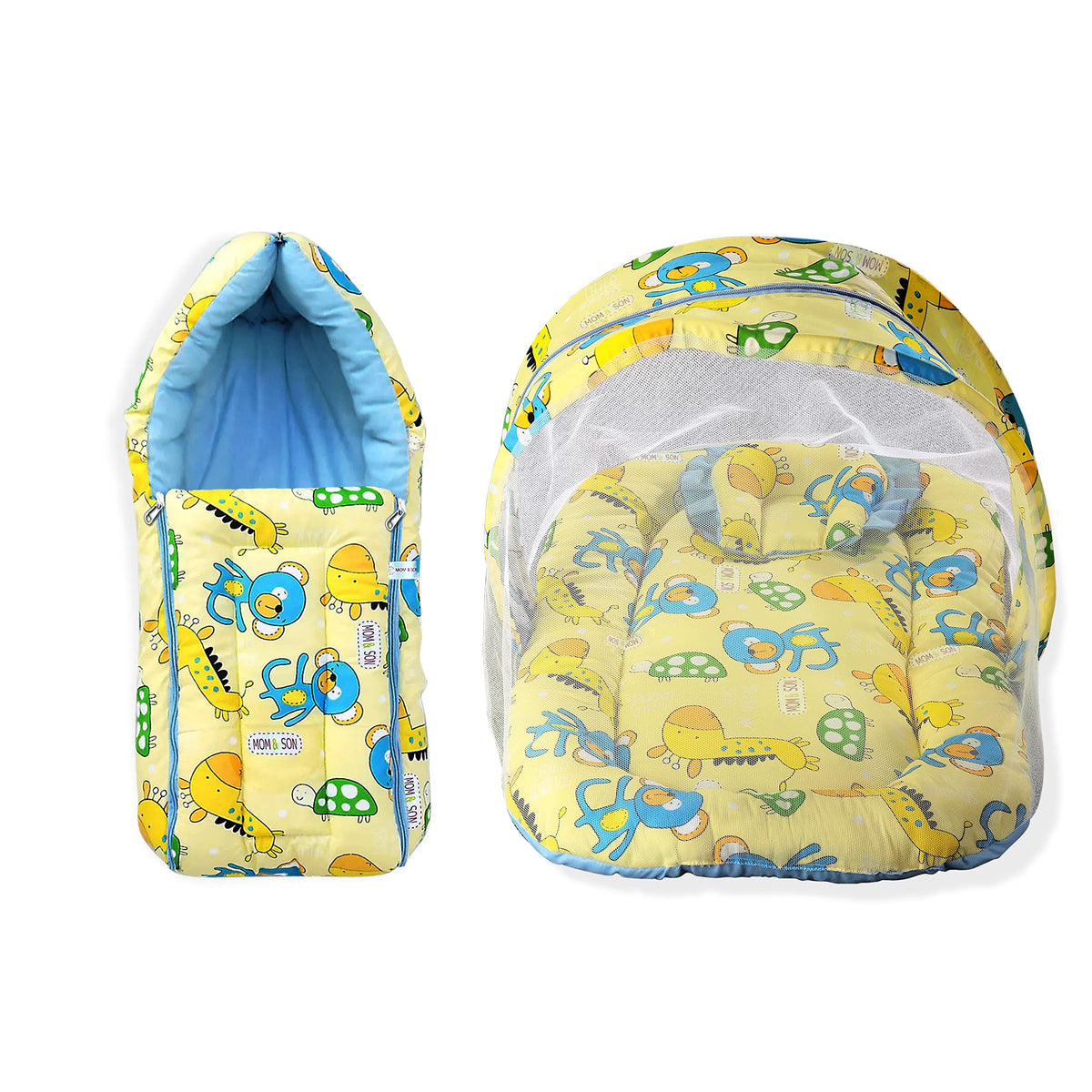 MOM & Son Baby Cotton Bedding Set Mattress with Net & Baby Sleeping Bag (03 Months) (Yellow & Green, Single Size)