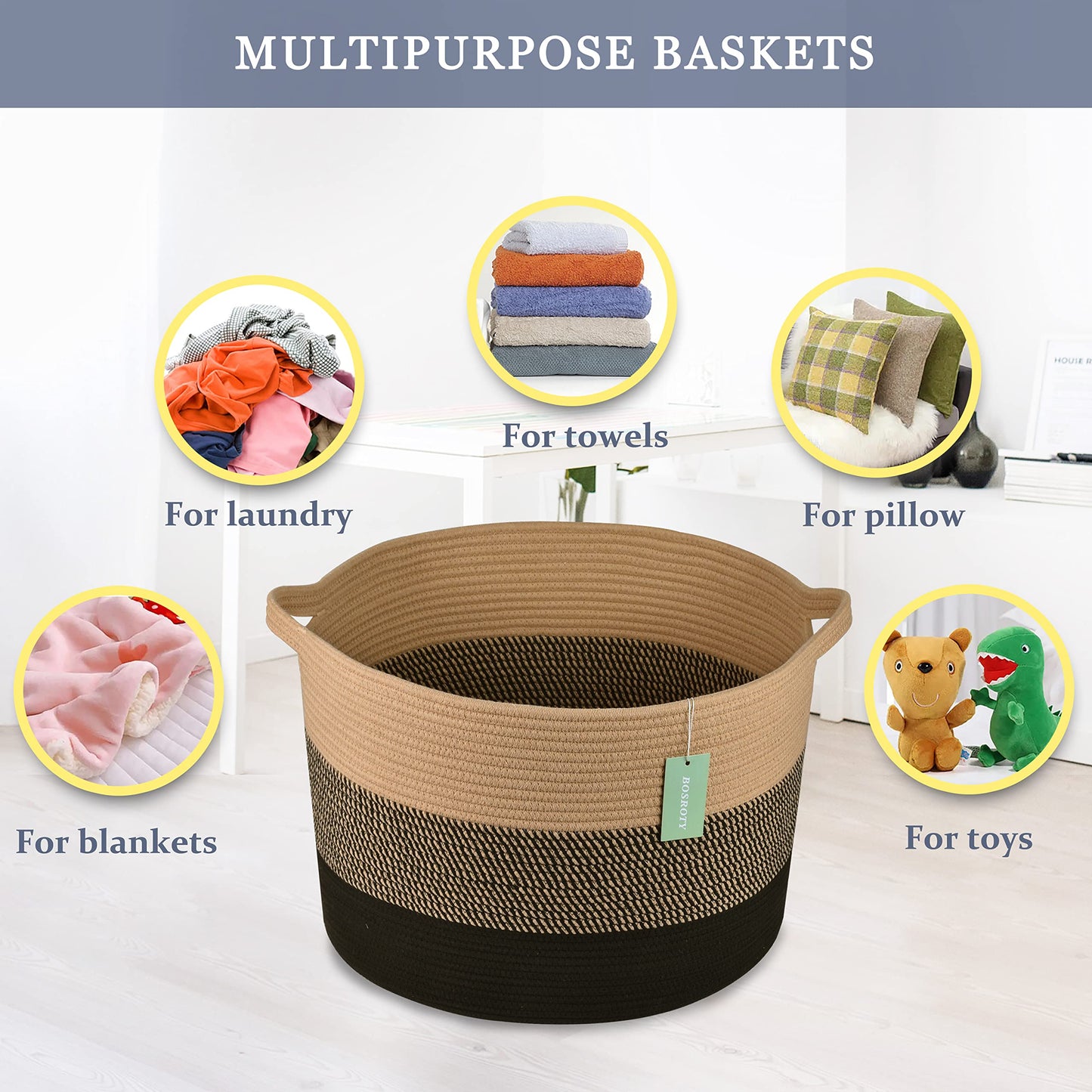 Bosroty Extra Large Blanket Basket 87L, Laundry Hamper, Baby Nursery Hamper, Large Laundry Basket For Girls Boys, Cotton Rope Ba