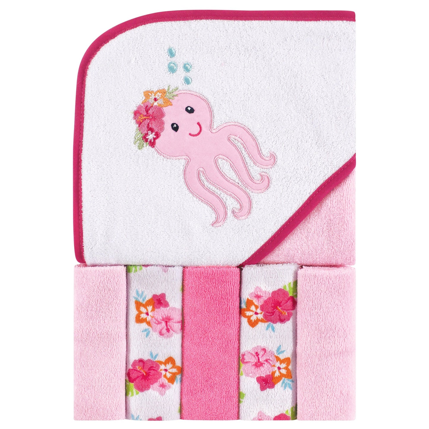 Luvable Friends Unisex Baby Hooded Towel With Five Washcloths, Tropical Octopus, One Size
