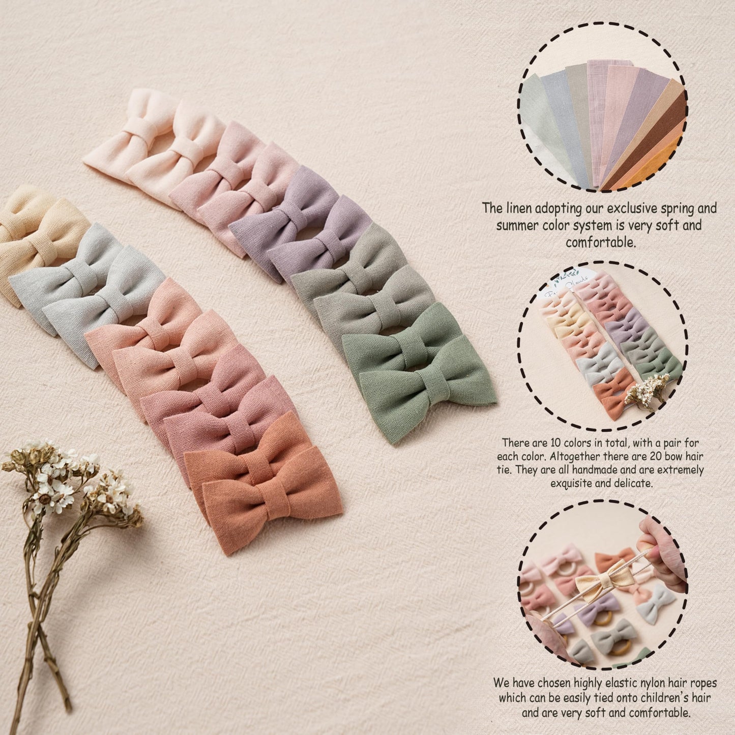 Baby Toddler Little Girls Hair Ties With Linen Bows, 20 Pcs No Damage Elastic Nylon Ponytail Holders Scrunchies For Girls, Small