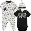 Gerber Nfl New Orlean Saints 3 Pack Bodysuit Sleep N Play Footie Cap Registry Gift Set, Black/White New Orlean Saints, 0-3M