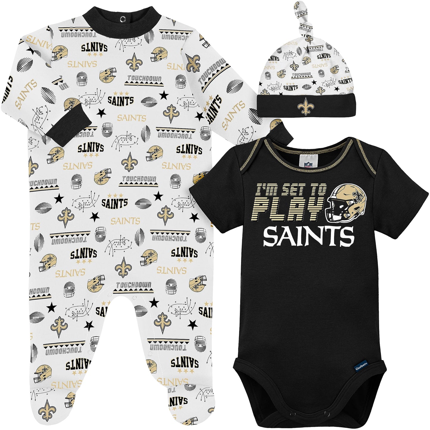 Gerber Nfl New Orlean Saints 3 Pack Bodysuit Sleep N Play Footie Cap Registry Gift Set, Black/White New Orlean Saints, 0-3M