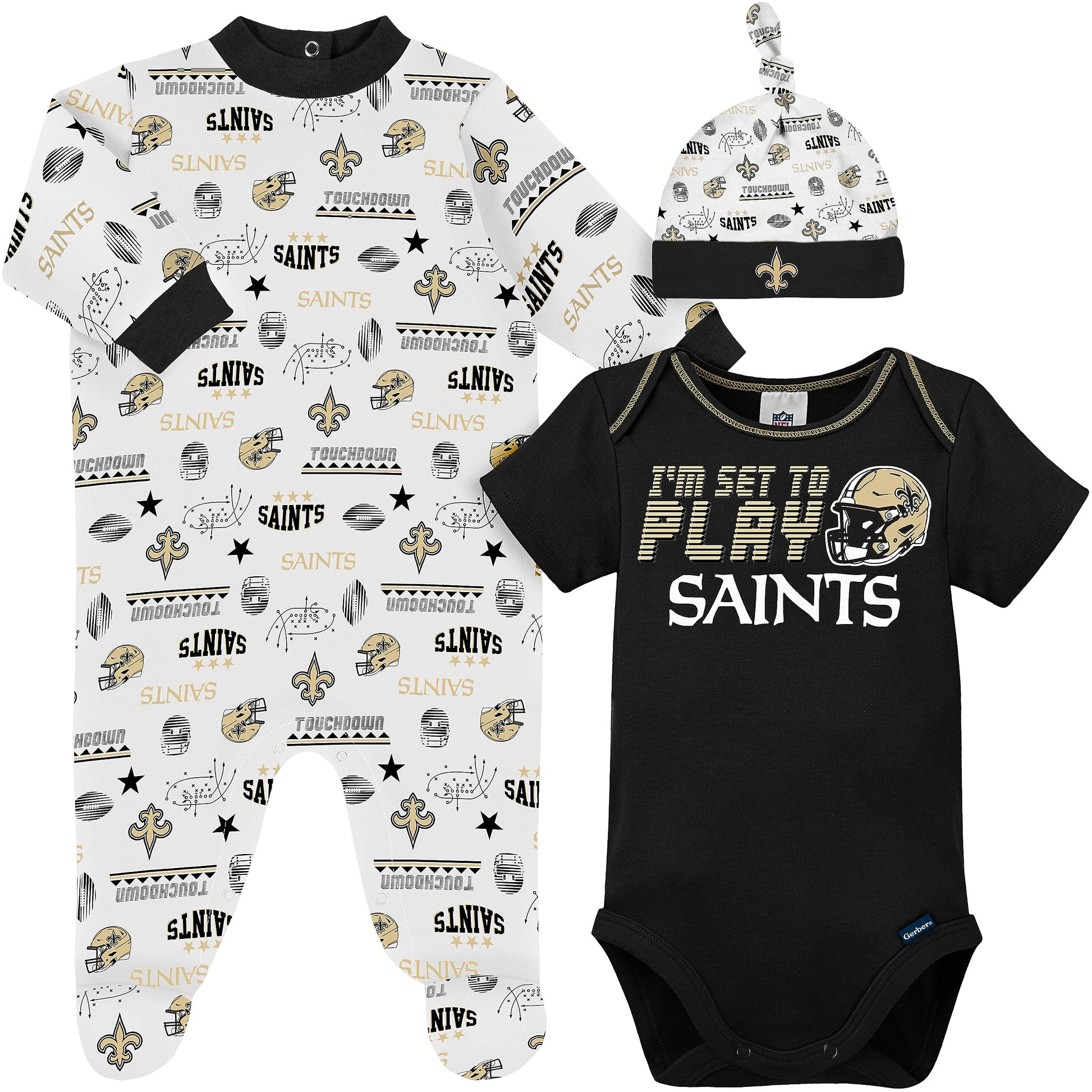 Gerber Nfl New Orlean Saints 3 Pack Bodysuit Sleep N Play Footie Cap Registry Gift Set, Black/White New Orlean Saints, 0-3M