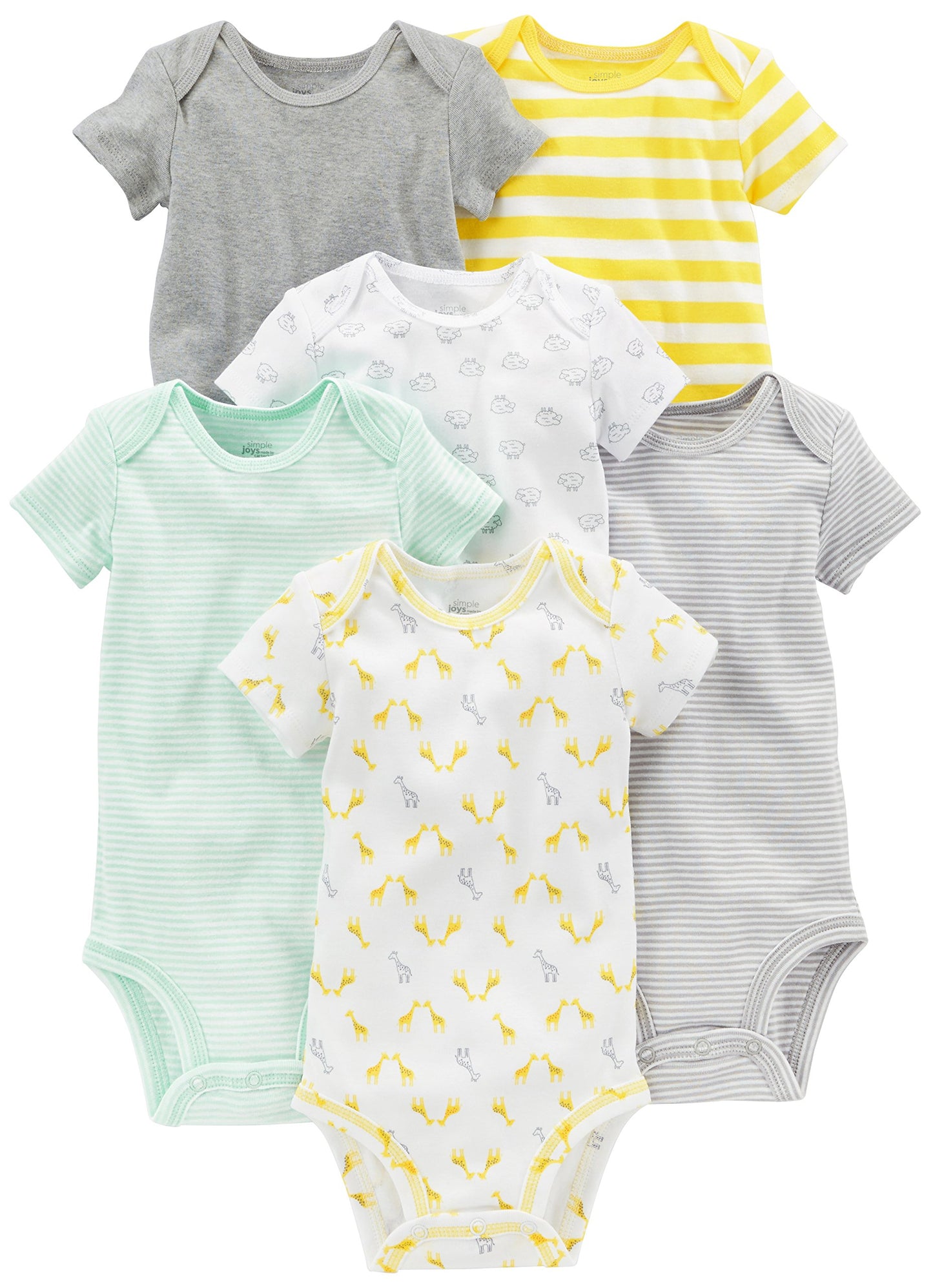 Simple Joys by Carters Baby 6-Pack Short-Sleeve Bodysuit, Grey/Yellow, 12 Months