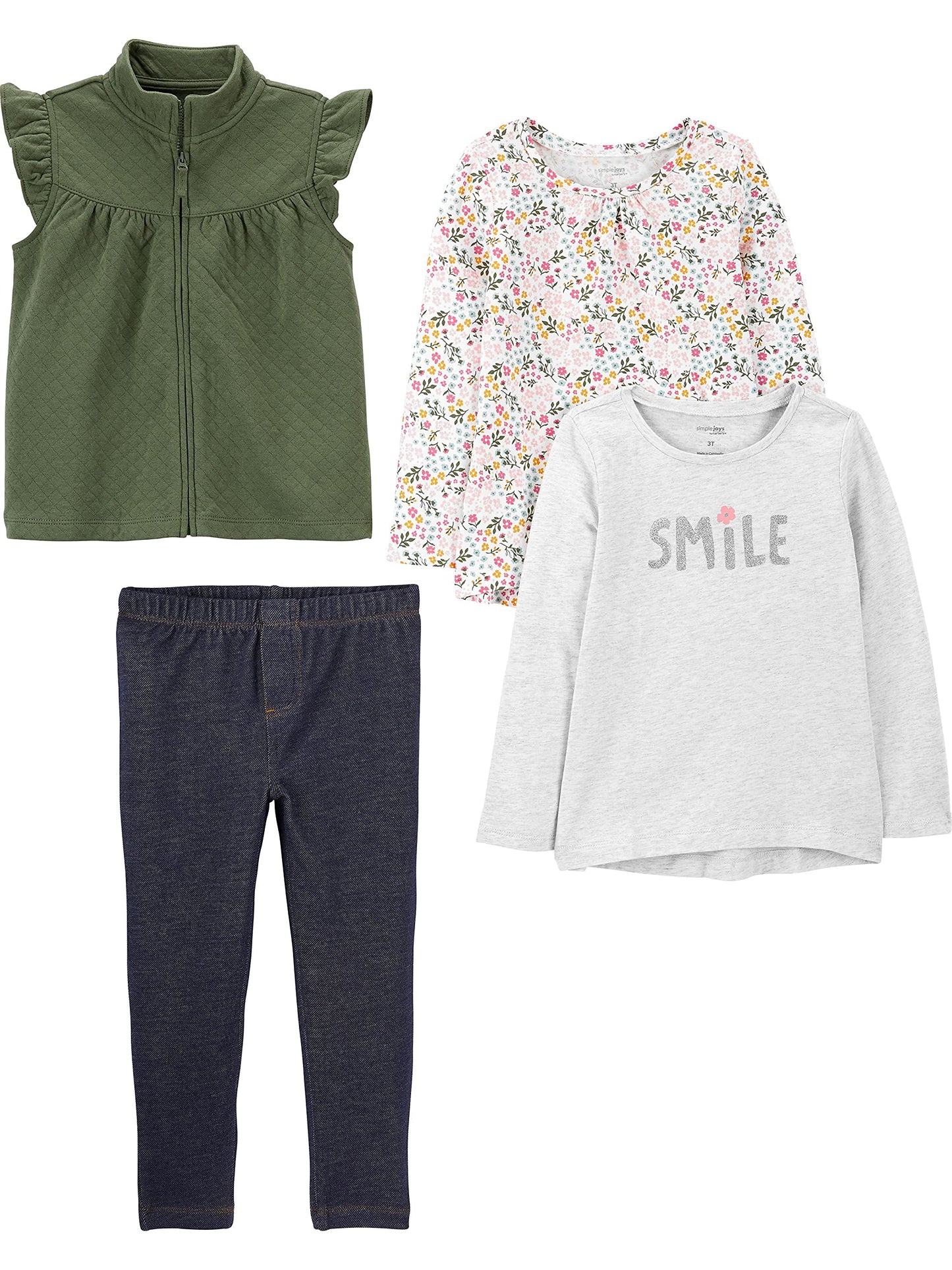 Simple Joys By Carter'S Girls' 4-Piece Playwear Set, Grey Smile/Indigo Wash/Olive/White Floral, 3T
