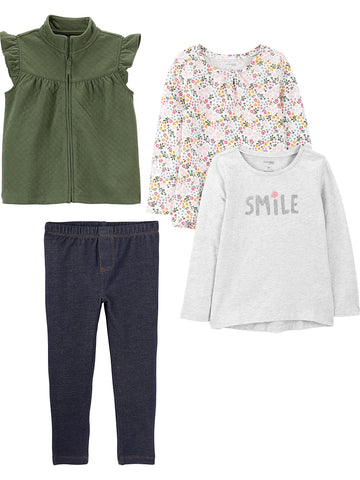 Simple Joys By Carter'S Girls' 4-Piece Playwear Set, Grey Smile/Indigo Wash/Olive/White Floral, 4T