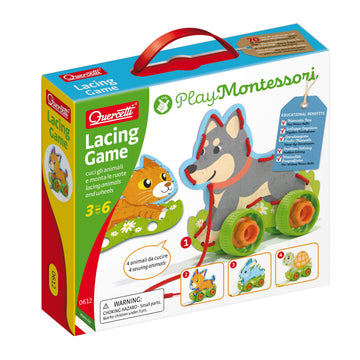 Quercetti Play Montessori Toys Lacing Game - Set includes 4 Animals with Wheels and Colored Laces - Build, Play and Pull-Along t