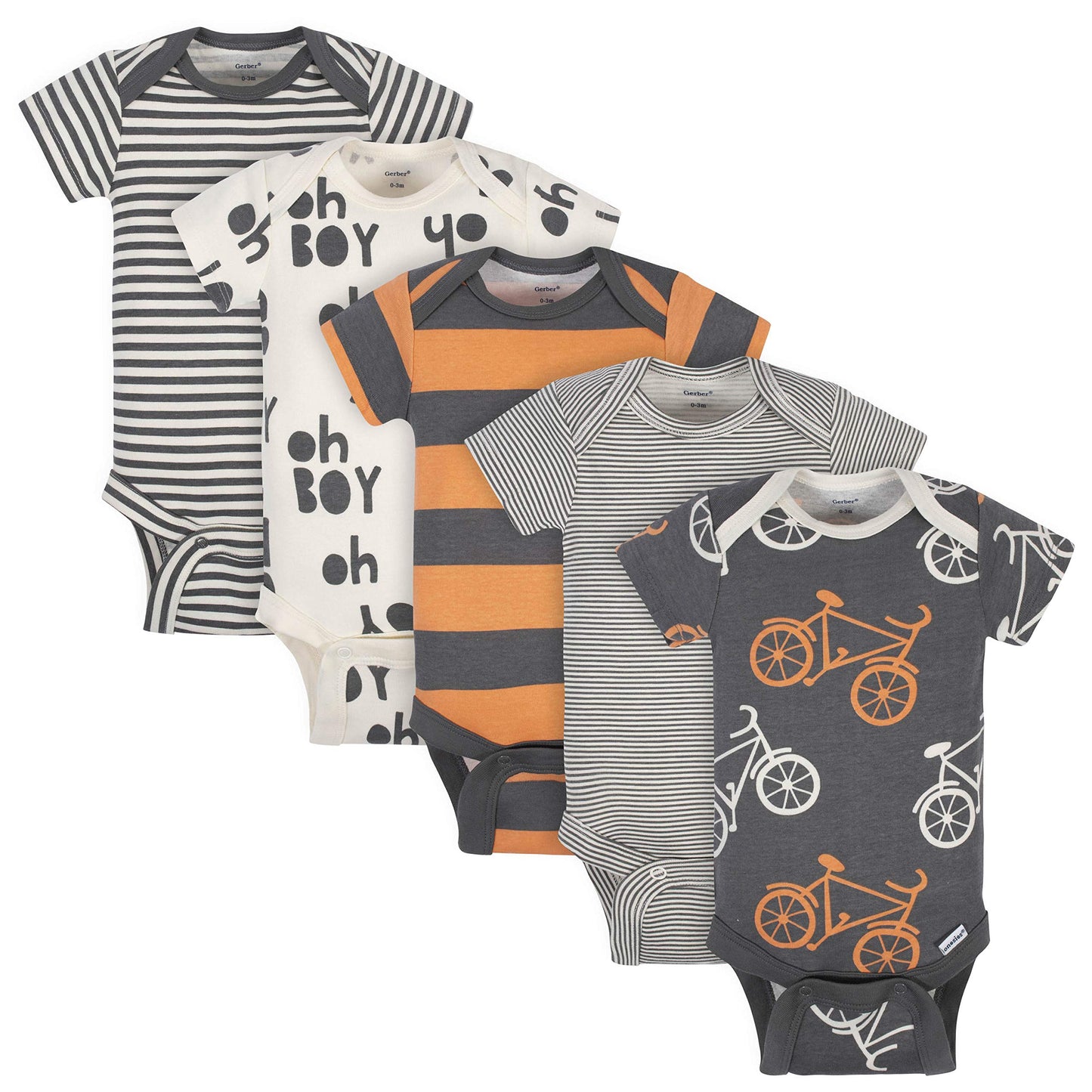 Grow By Gerber Baby Boys 5-Pack Short-Sleeve Onesies Bodysuits, Grey/Ivory/Orange, 6-9 Months