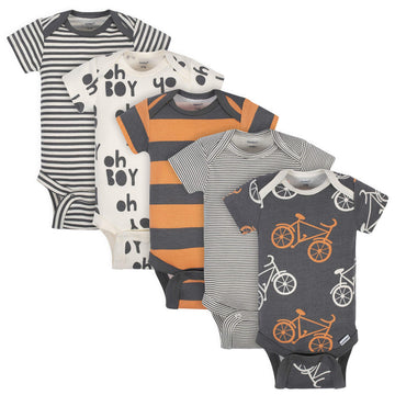Grow By Gerber Baby Boys 5-Pack Short-Sleeve Onesies Bodysuits, Grey/Ivory/Orange, Newborn