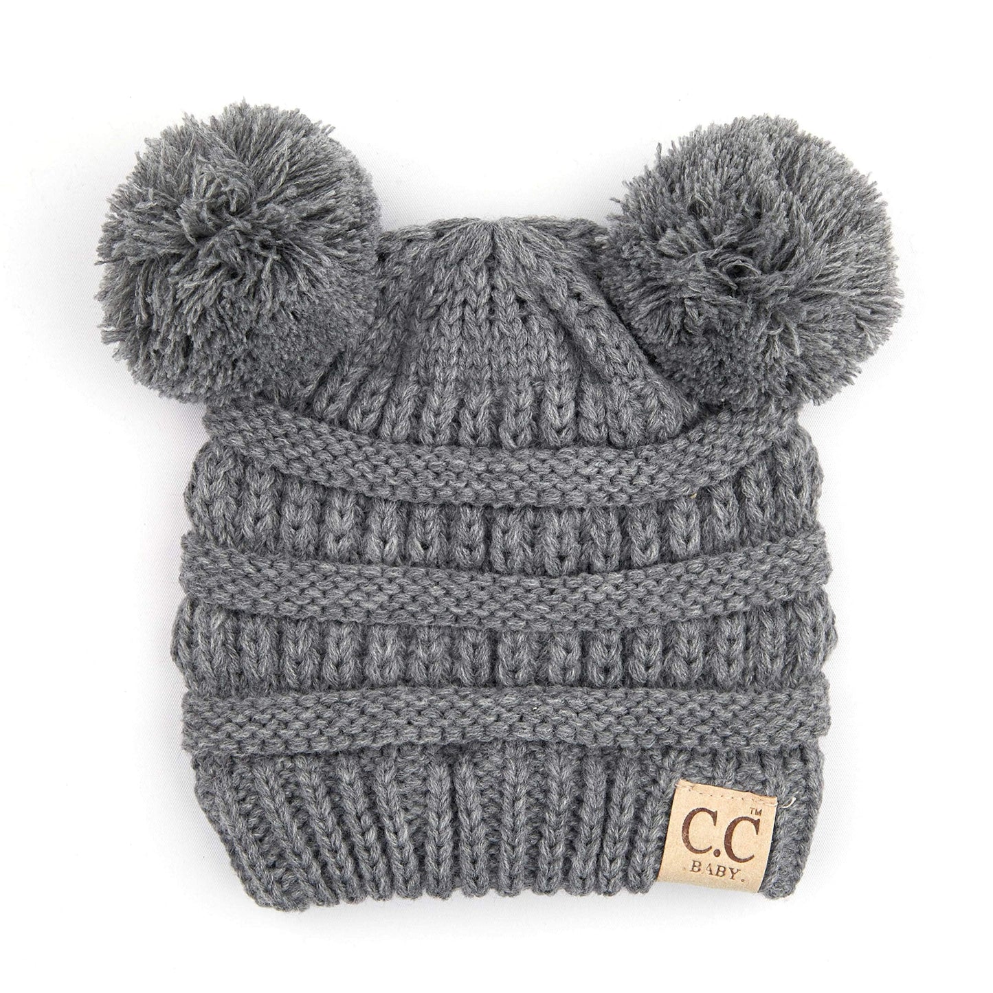 Funky Junque Exclusives Double Pom Pom Baby Hat, Baby Girl Winter Knit Beanie For Infants, Heather Grey