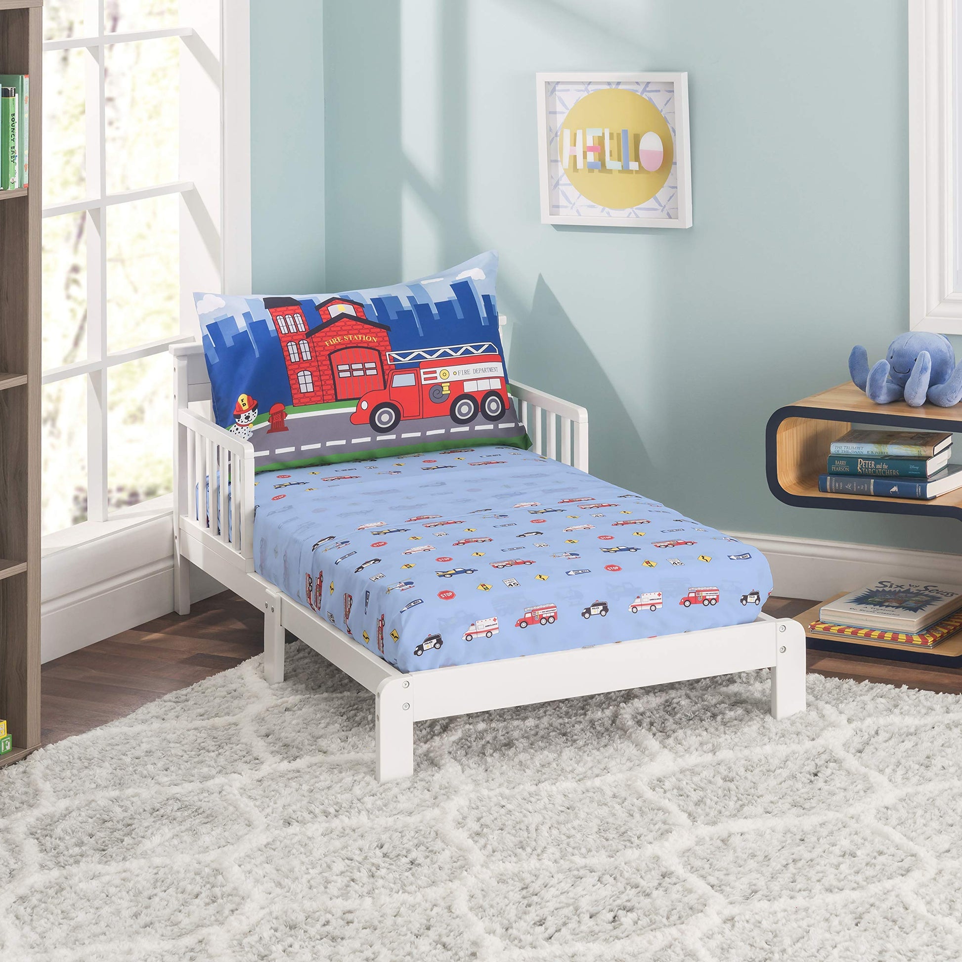 Everyday Kids 3-Piece Toddler Fitted Sheet, Flat Sheet And Pillowcase Set - Police, Fire And Rescue - Soft Breathable Microfiber