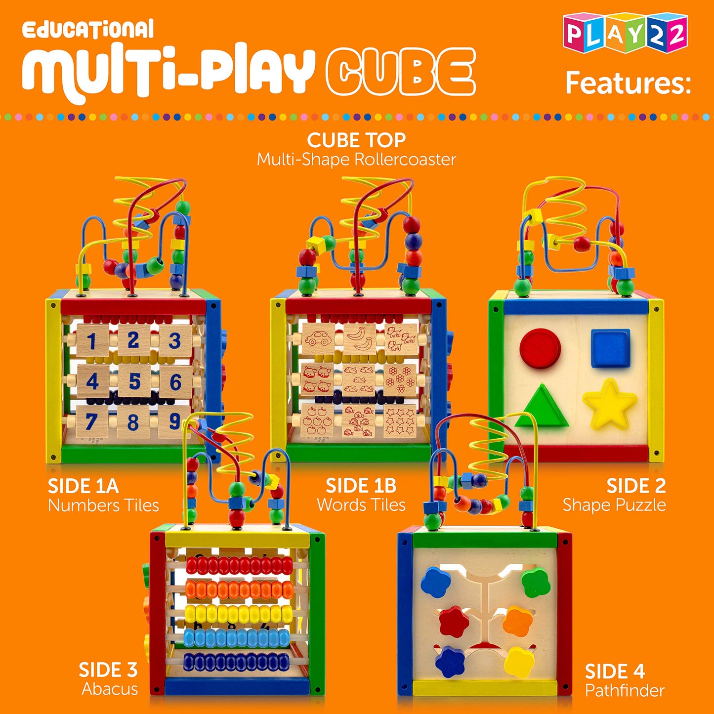 Wooden Activity Play Cube 6 in-1 for Baby with Removable Bead Maze, Shape Sorter, Abacus Counting Beads & Numbers, Sliding Shape
