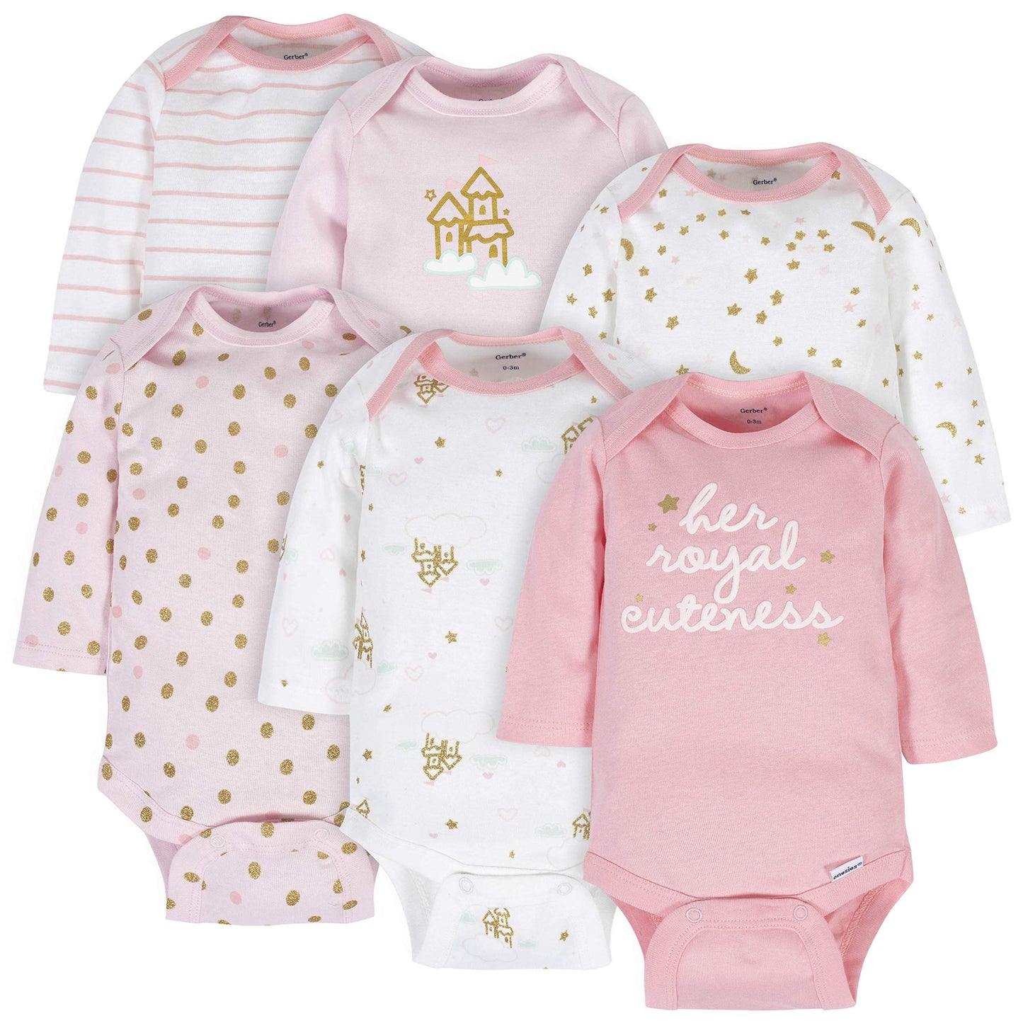 Gerber Baby Girls' 6-Pack Long-Sleeve Onesies Bodysuits, Castle, 6-9 Months