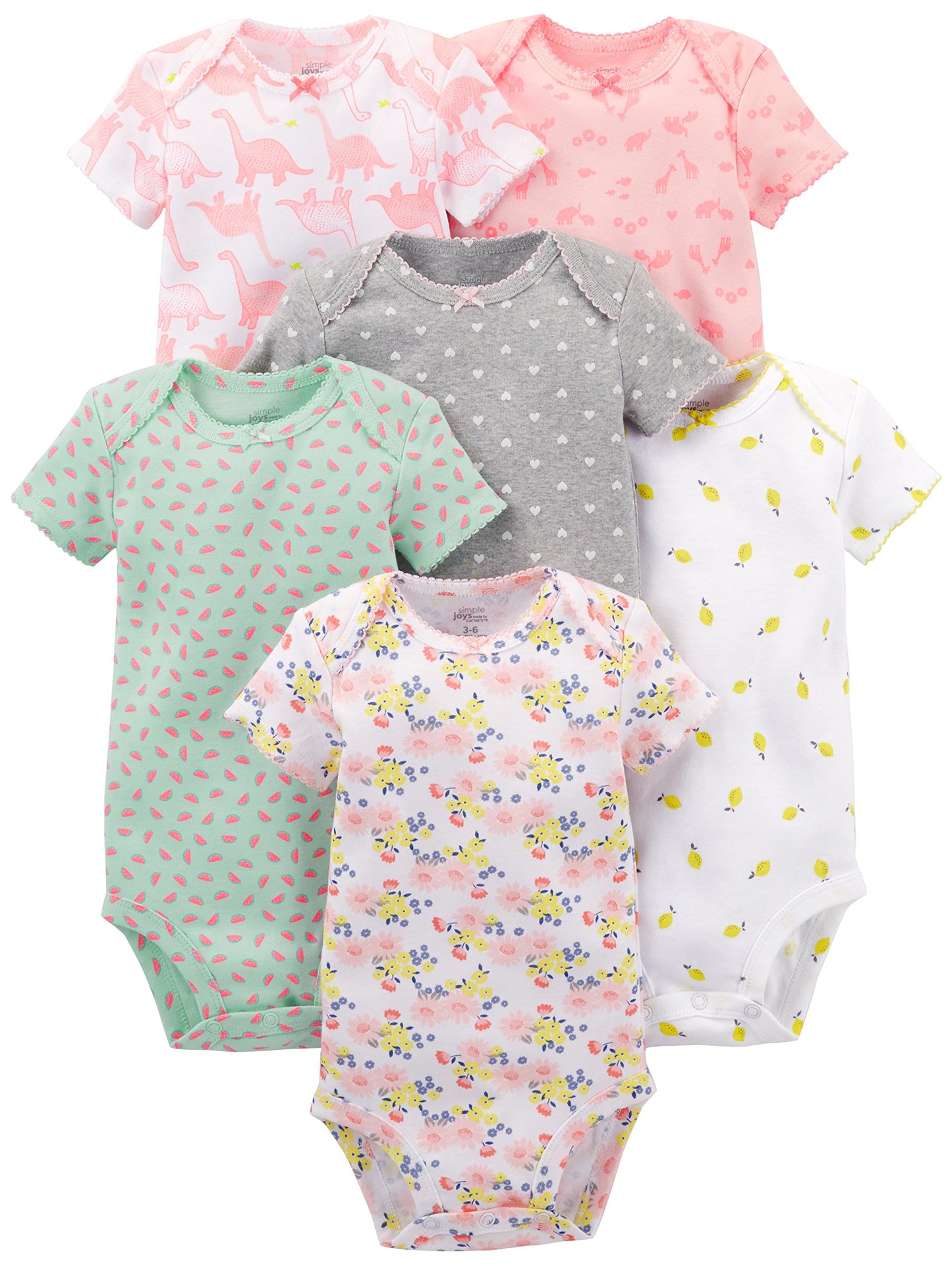 Simple Joys By Carter'S Baby Girls' 6-Pack Short-Sleeve Bodysuit, Multicolor/Dinosaur/Floral/Forest Animals/Fruit/Hearts, 12 Mon