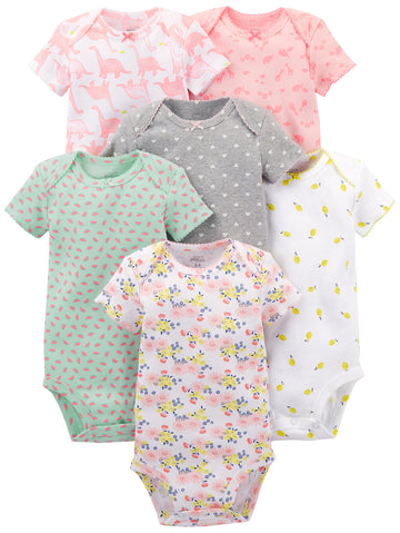 Simple Joys By Carter'S Baby Girls' 6-Pack Short-Sleeve Bodysuit, Multicolor/Dinosaur/Floral/Forest Animals/Fruit/Hearts, 12 Mon