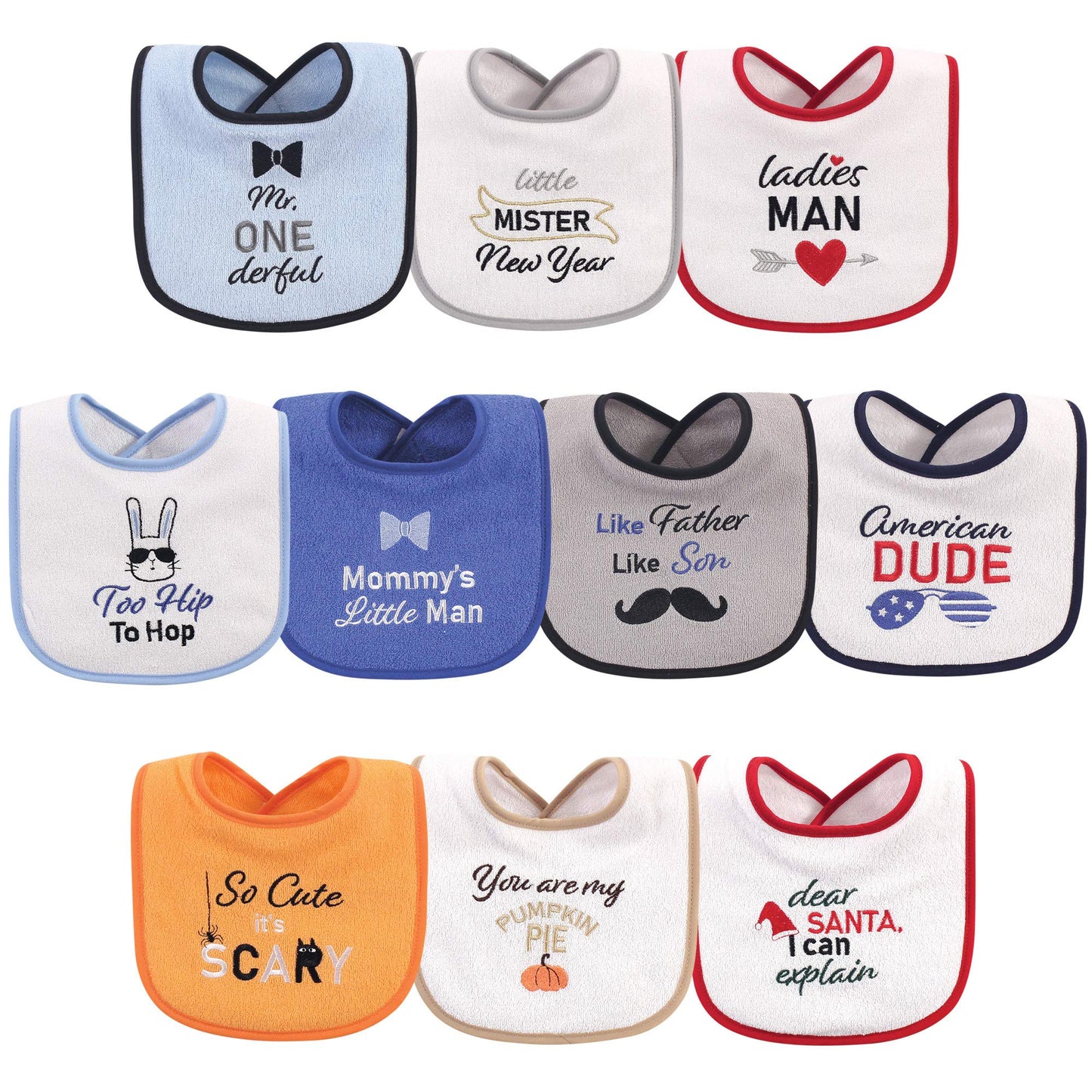 Hudson Baby Unisex Baby Cotton Terry Drooler Bibs With Fiber Filling, Holiday Boy Onederful, One Size