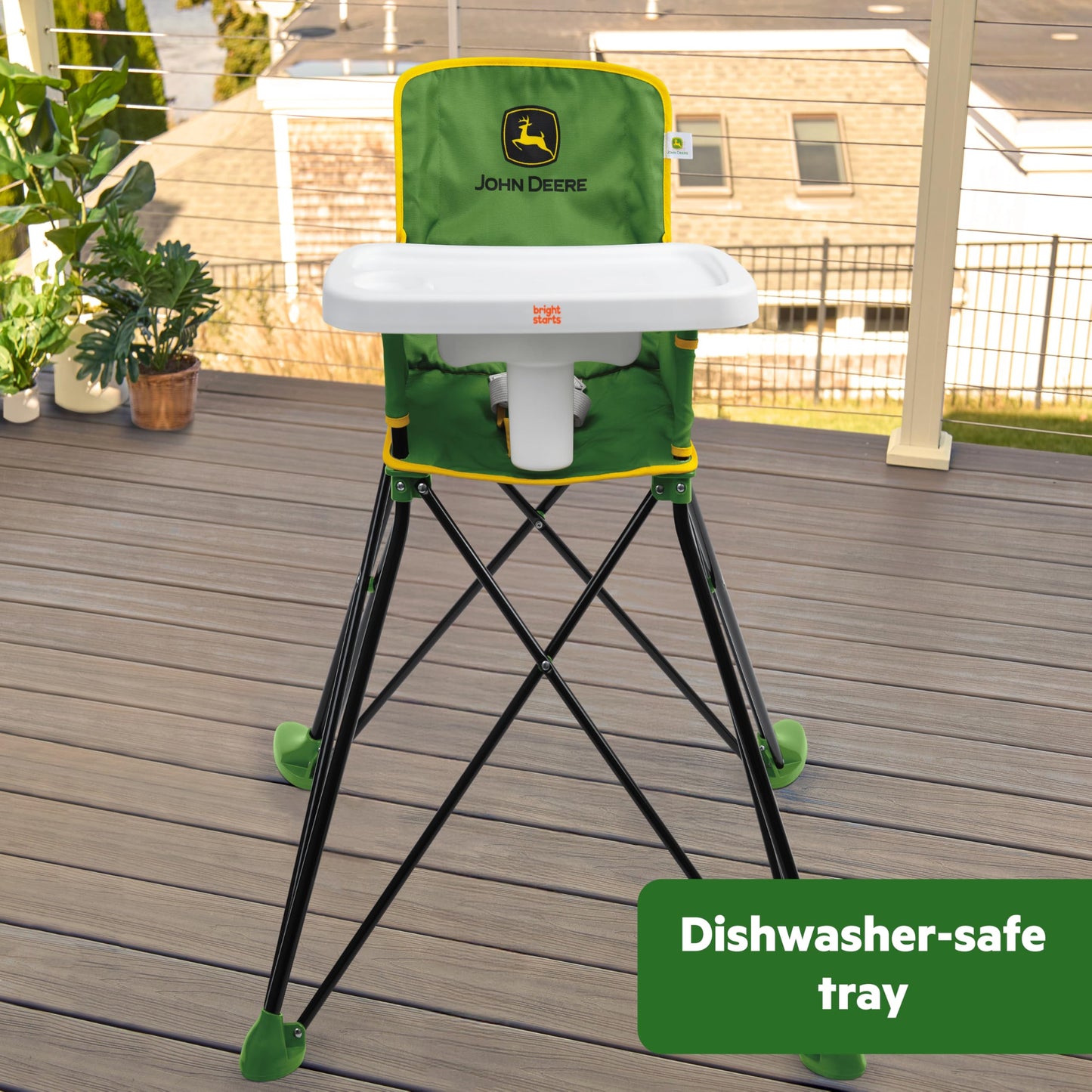 Bright Starts John Deere Pop N Dine Portable High Chair, Indoor/Outdoor, Dishwasher Safe Tray, Easy to Fold, Unisex, Green, 6 M