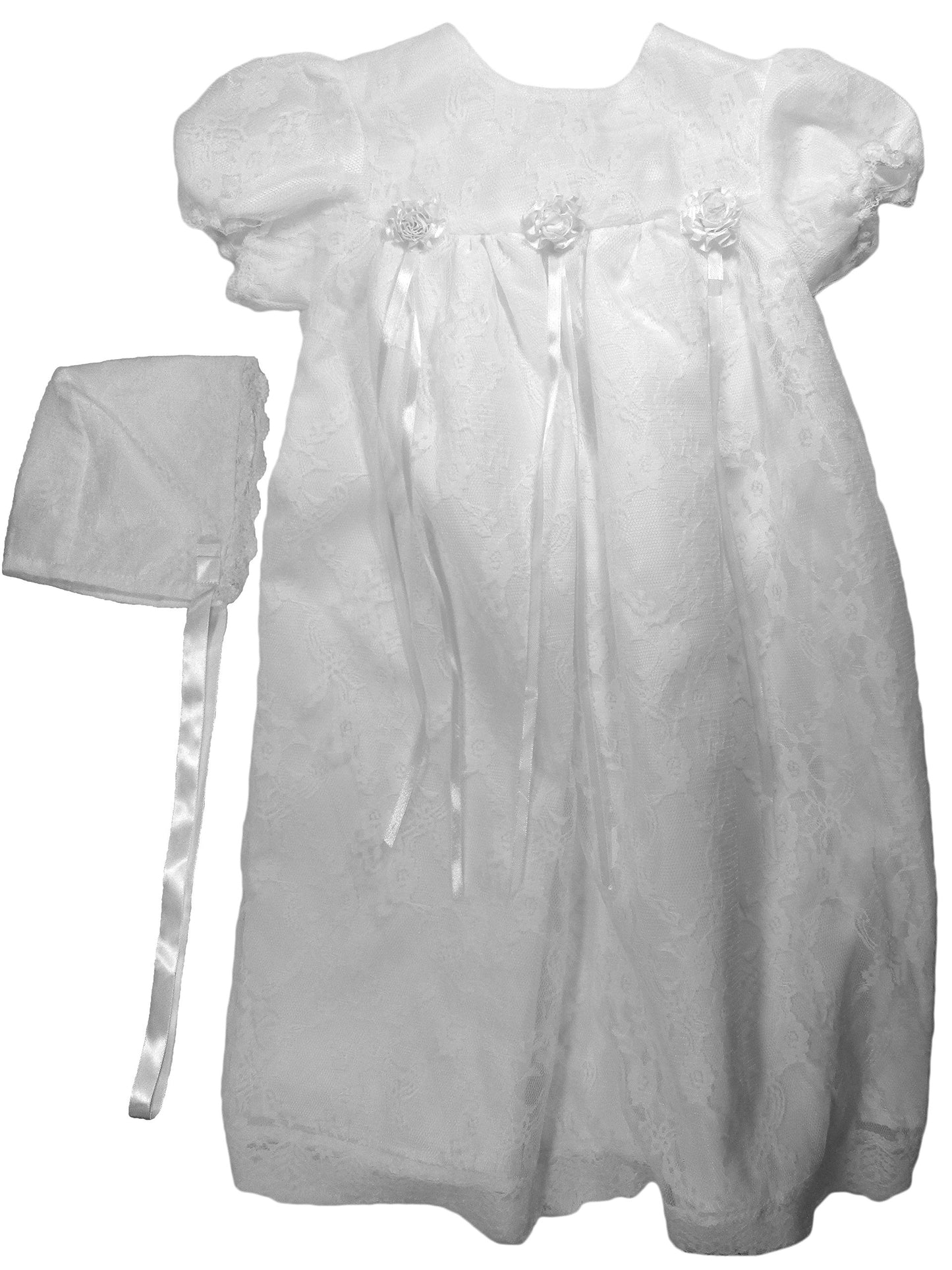 Christening Day Girls' White All-Over Lace Christening Gown With Bonnet 6M