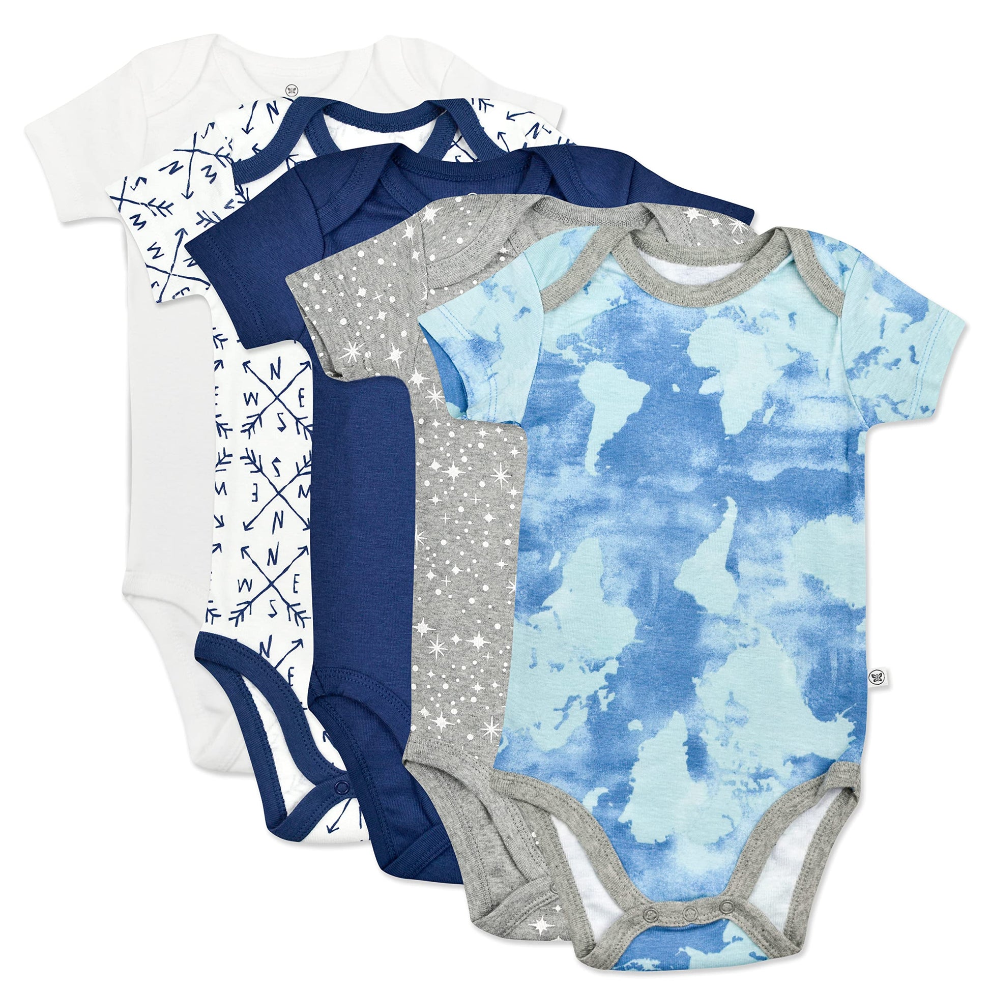 Honestbaby Organic Cotton Short Sleeve Bodysuits Multi Pack, 5 Pack Watercolor World, 0-3 Months