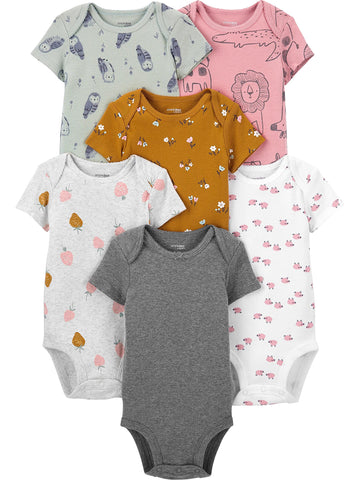 Simple Joys By Carter'S Baby Girls' Short-Sleeve Bodysuit, Pack Of 6, Multicolor/Floral/Forest Animals/Owl/Sheep, 24 Months