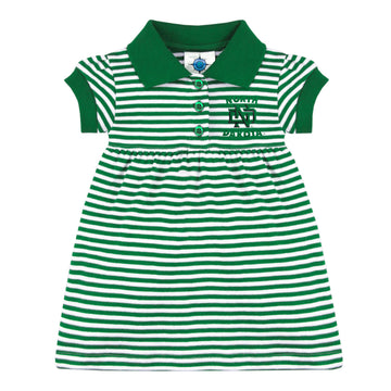 College Baby Striped Game Day Polo Dress With Bloomer - North Dakota Fighting Hawks Logo - Kelly/White - 3-6 Months