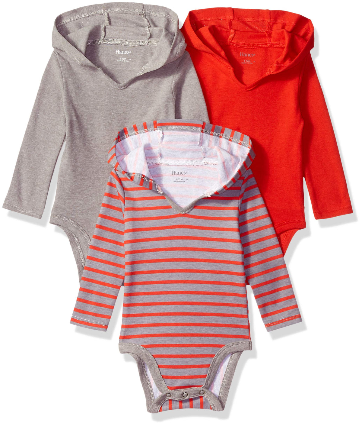 Hanes Ultimate Baby Flexy 3 Pack Hoodie Bodysuits, Red/Grey Stripe, 06M