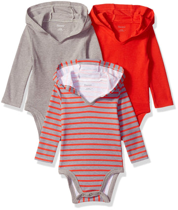 Hanes Ultimate Baby Flexy 3 Pack Hoodie Bodysuits, Red/Grey Stripe, 06M