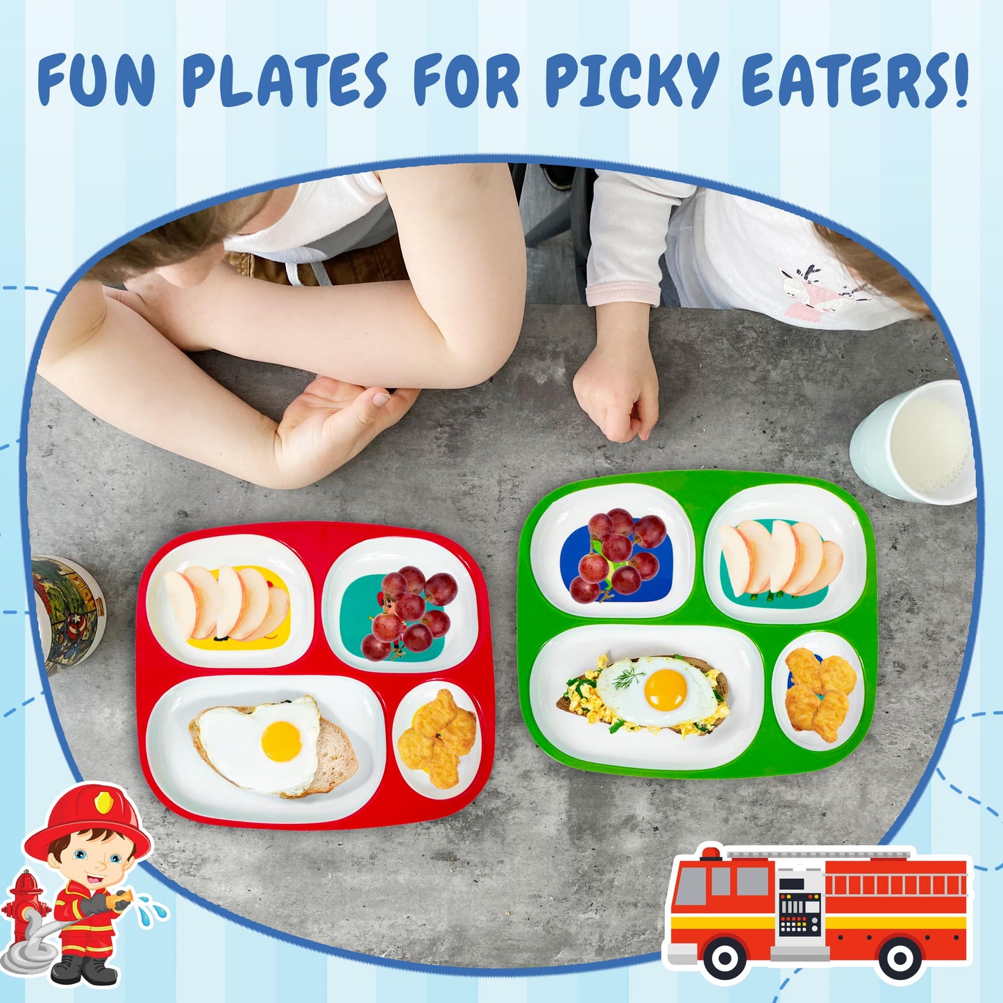 4E'S Novelty Set Of 4 Melamine Dinner Plates For Kids Boys - Divided Plates For Picky Eater, Bpa Free, Toddler Eating Essentials