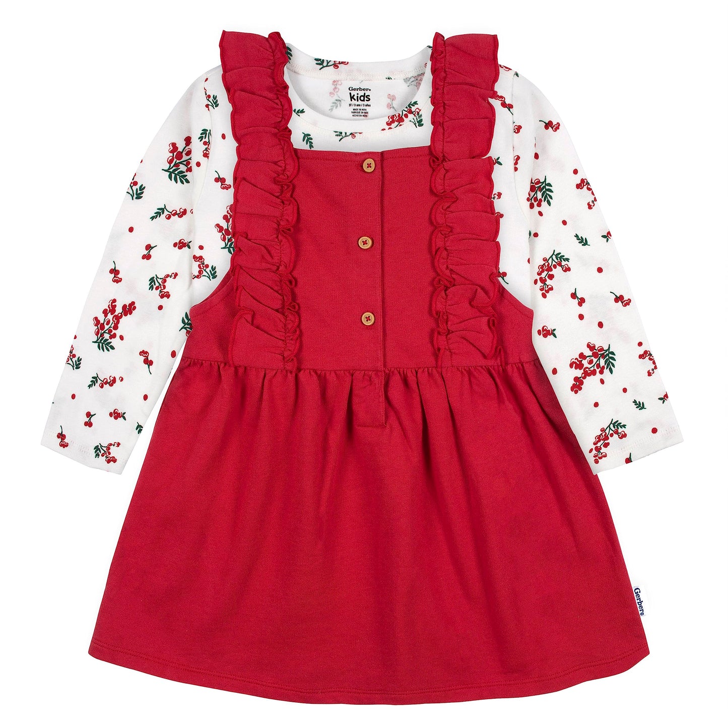 Gerber Baby Girls Toddler 2 Piece Overall Dress Set, Red Holly Berries, 18 Months