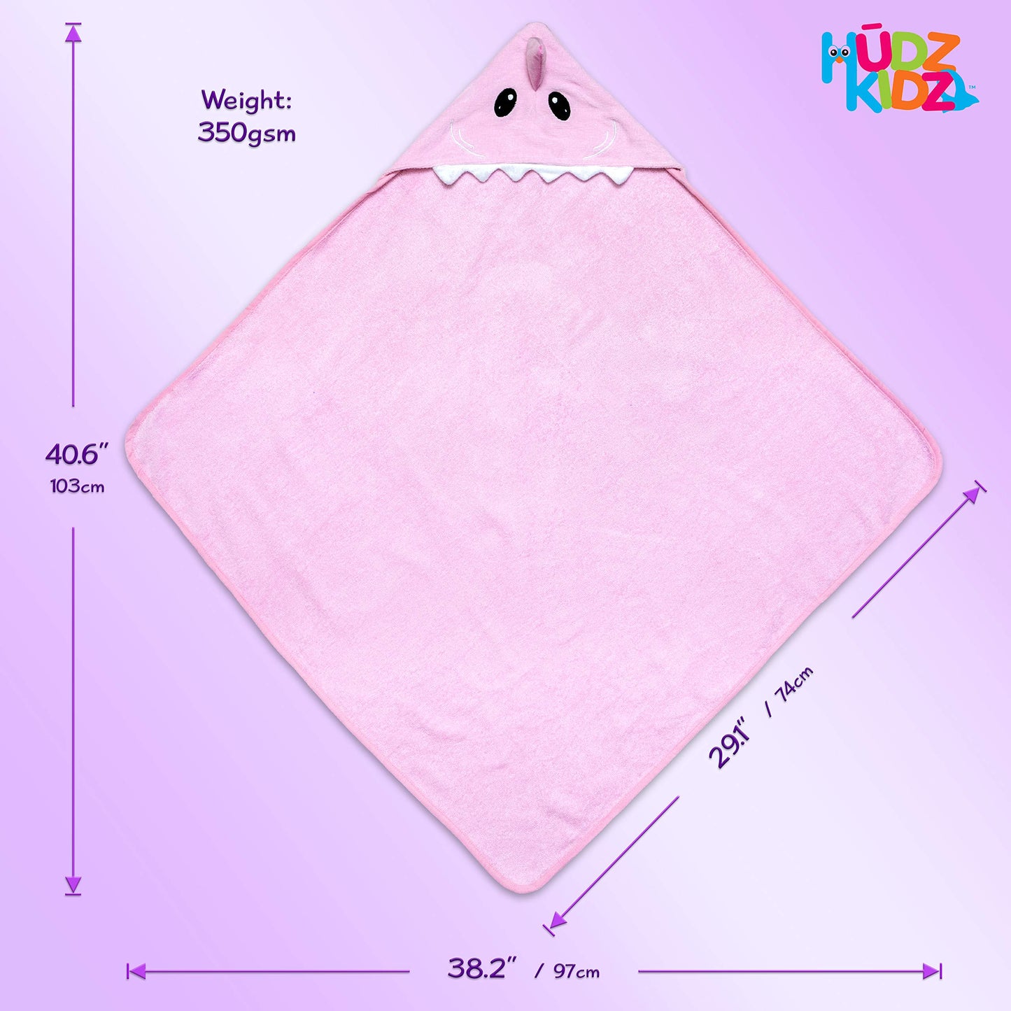 Hudz Kidz Hooded Baby Shark Towel, Soft 100% Cotton, Perfect For Newborn Through Toddler (Pink)