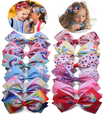12Pcs Hair Bows Alligator Clips For Girls,5 Inch Unicorn Grosgrain Ribbon Rainbow Hair Bows,Colorful Bow Hair Clip For Little Gi