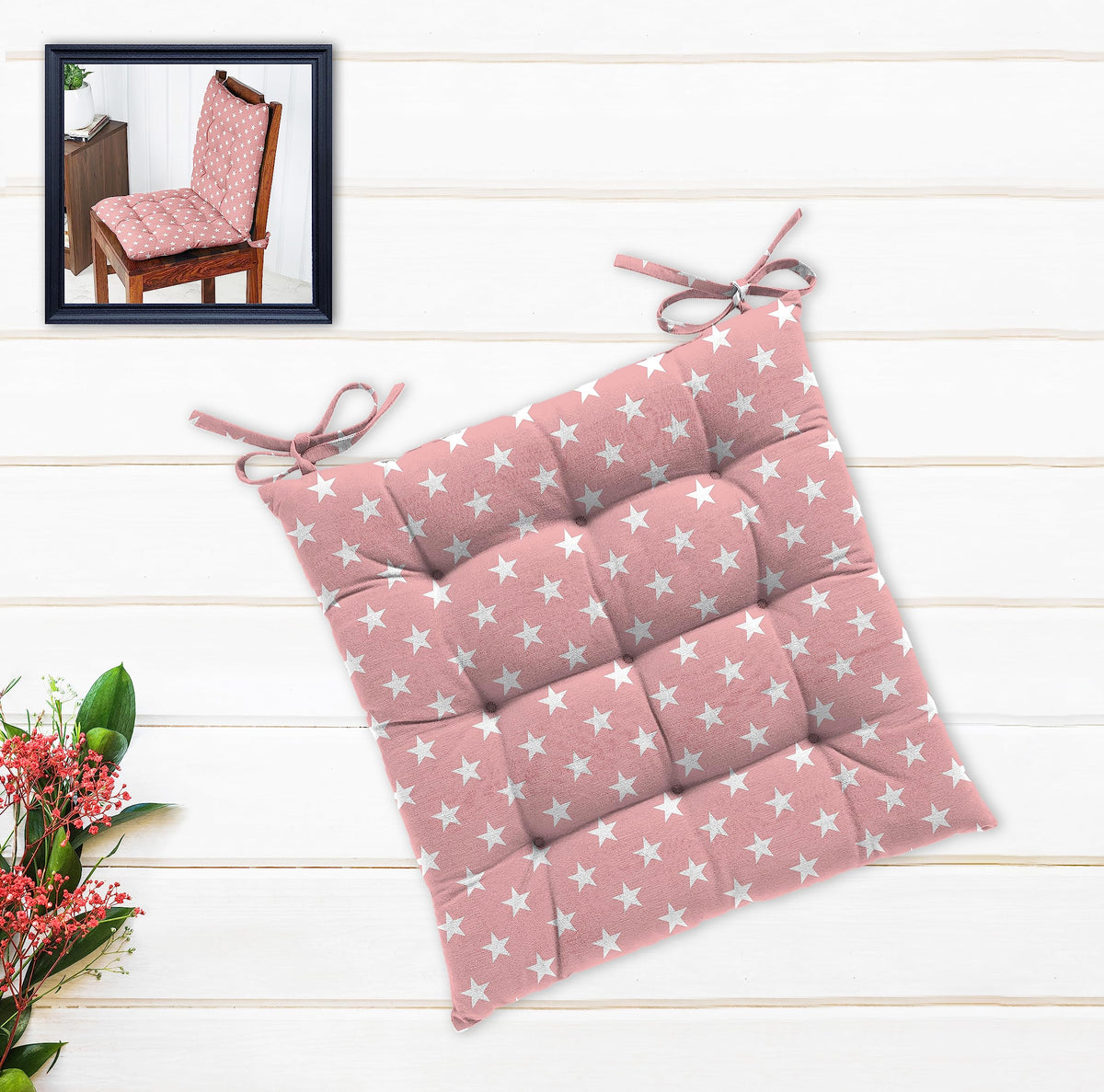 Oasis Home Collection Cotton Shell with Mixed Fiber Filled Printed Chair Cushion  Pink Star(Pack of 1)
