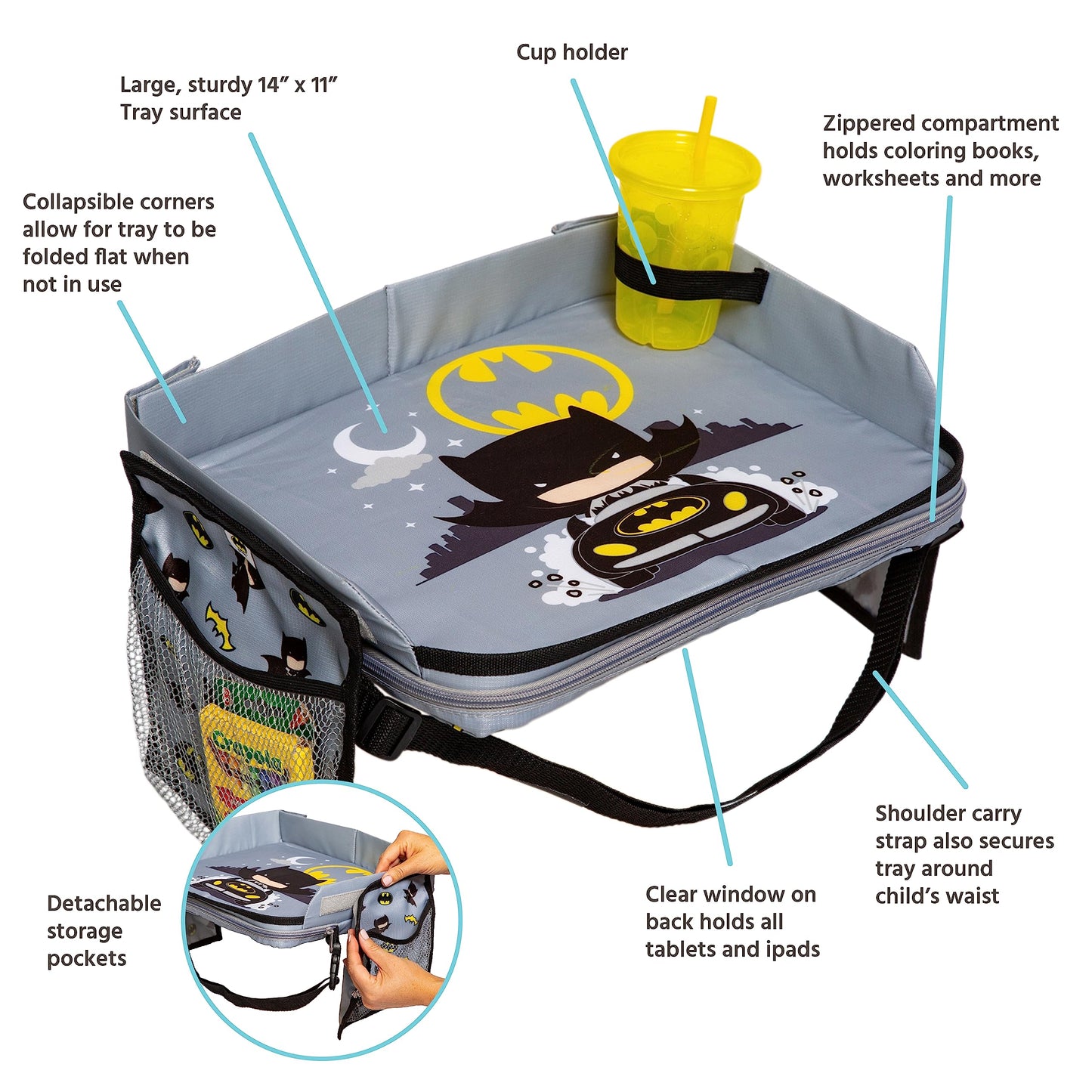J.L. Childress Dc Comics Batman 3-In-1 Travel Tray & Ipad Tablet Holder - Car Seat Lap Tray For Toddlers, Kids - Use On Airplane