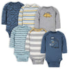 Gerber Baby Boys' 6-Pack Long-Sleeve Onesies Bodysuit, Dinosaur Blue, 12 Months
