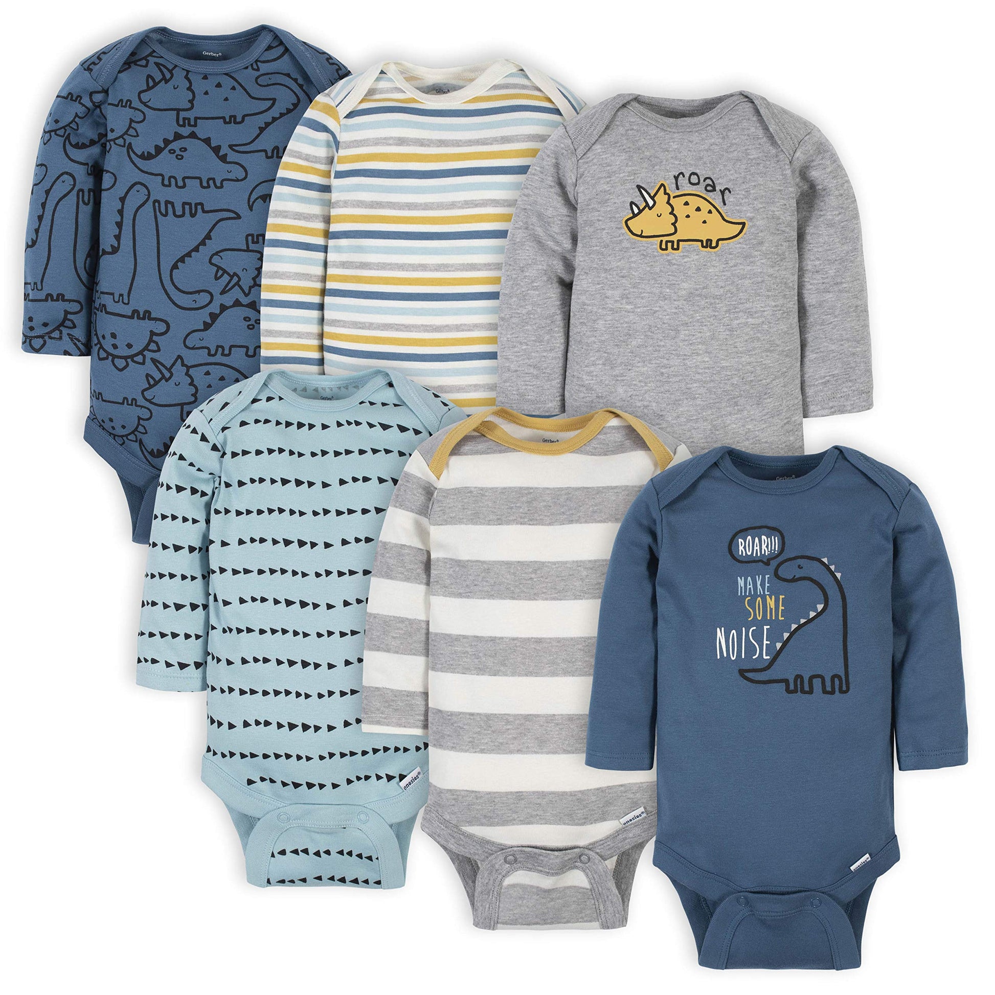 Gerber Baby Boys' 6-Pack Long-Sleeve Onesies Bodysuit, Dinosaur Blue, 12 Months