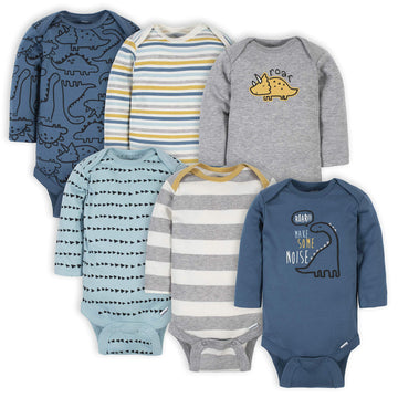 Gerber Baby Boys' 6-Pack Long-Sleeve Onesies Bodysuit, Dinosaur Blue, 12 Months