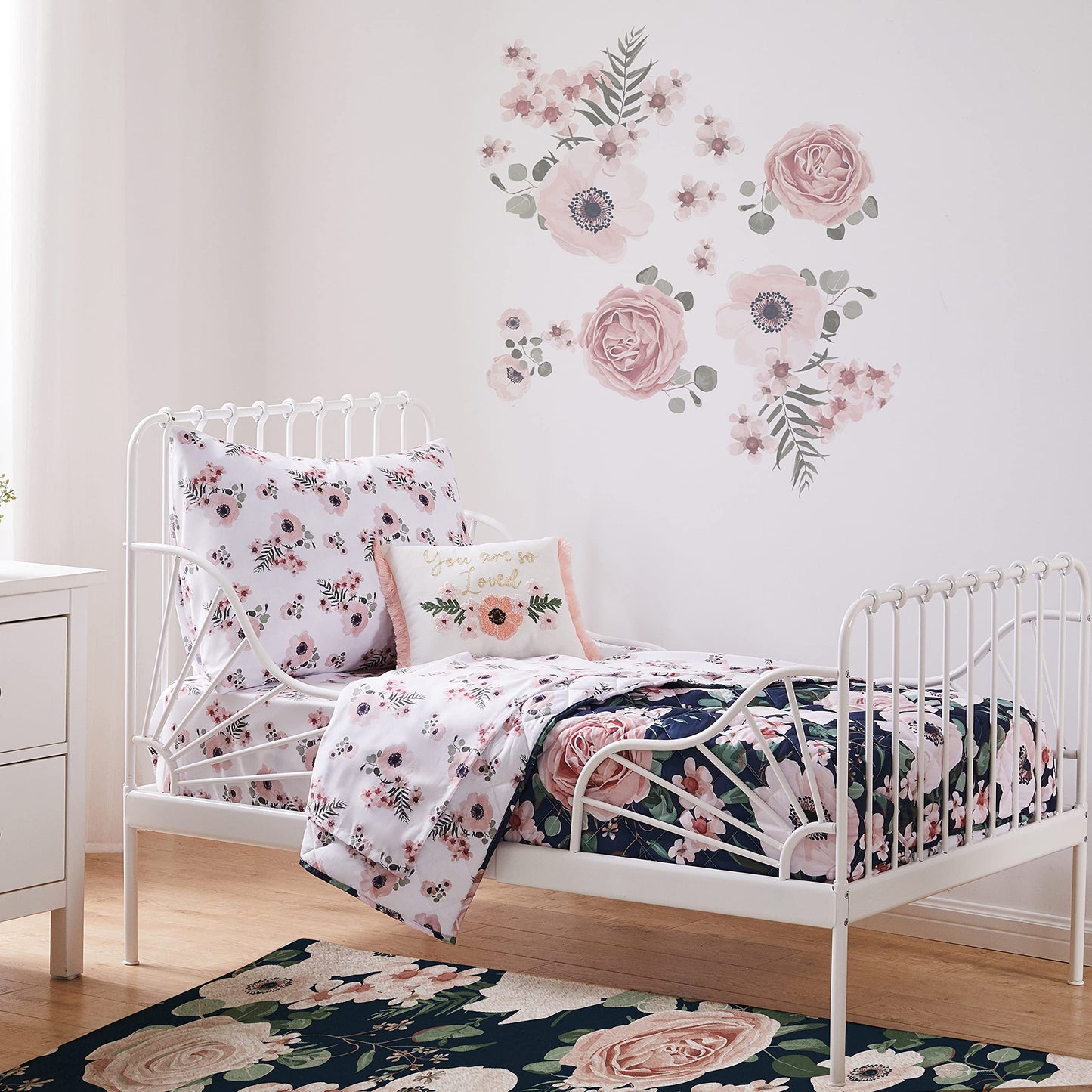 Levtex Baby - Fiori Toddler Bed Set - Black, Blush, Pink, White - Bold Floral - 5 Piece Set Includes Reversible Quilt, Fitted Sh