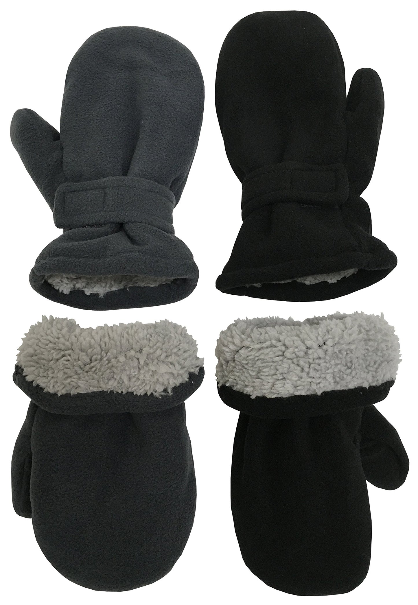 N'Ice Caps Little Kids And Baby Easy-On Sherpa Lined Fleece Mittens - 2 Pair Pack (Black/Charcoal Pack, 2-3 Years)